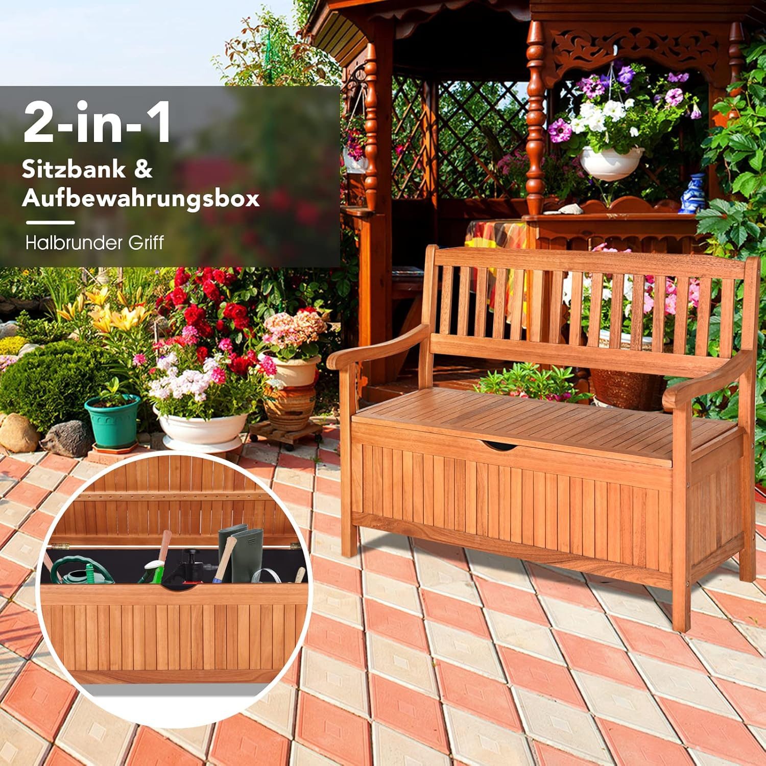 KOMFOTTEU Gartenbank Sitzbank Truhenbank Holzbank, mit Stauraum, Rücklehne & Armlehne
