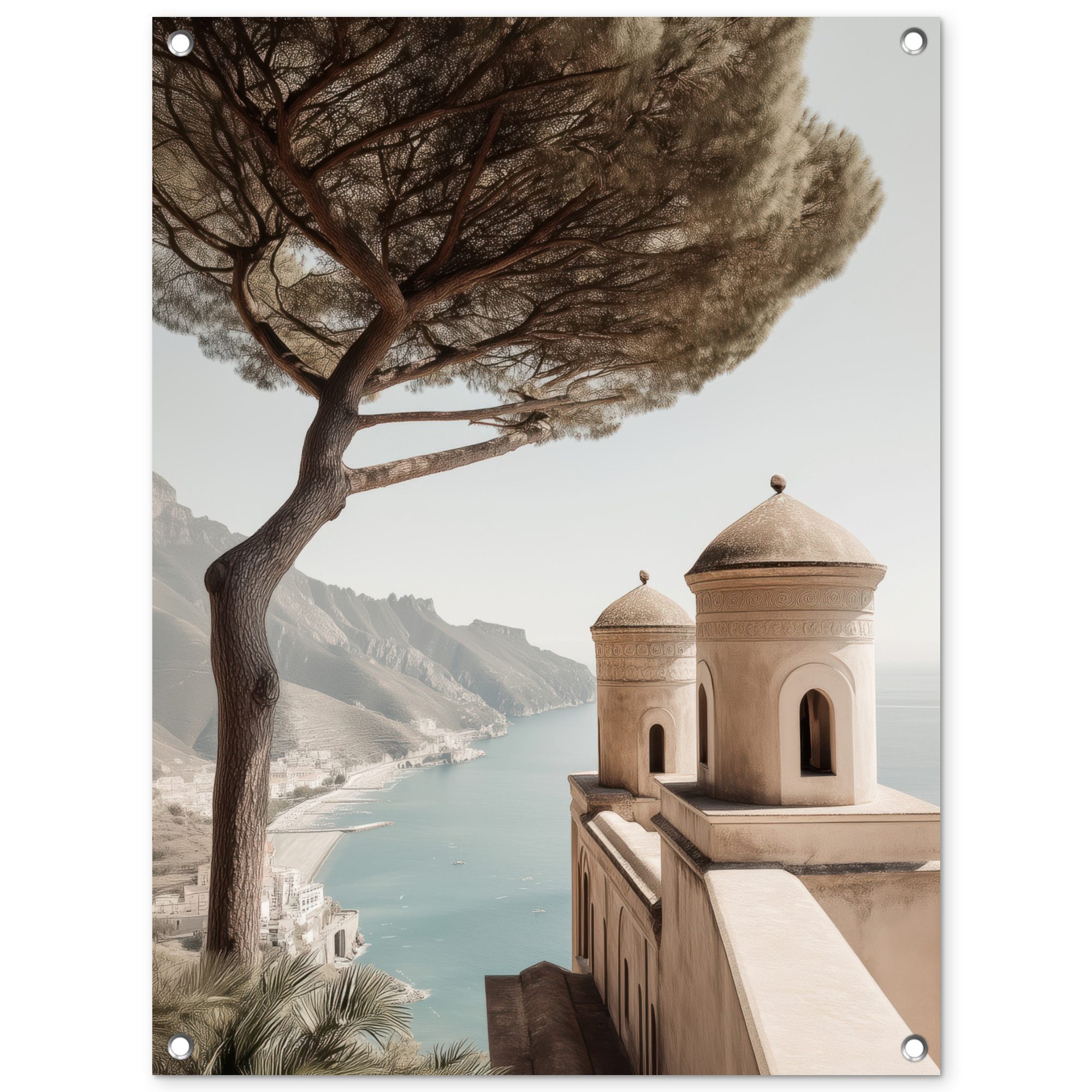 OnlyWow Poster für Garten Küste - Klippe - Baum - Gebäude, Gartenposter, Outdoor Bilder, Terrasendeko Banner, 60x80 cm