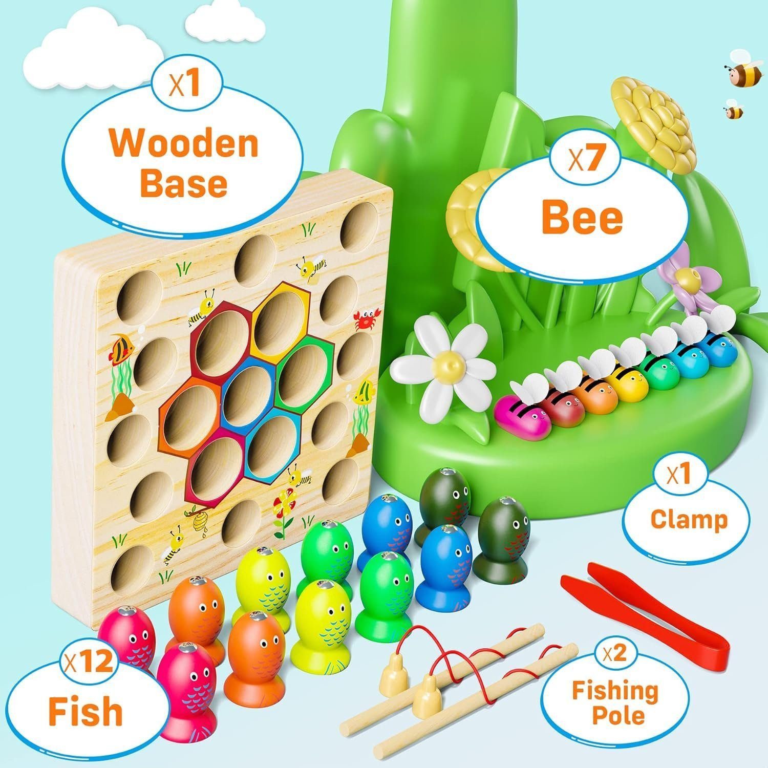 POPOLIC Lernspielzeug Magnetische Angelspiel ab 2 Jahre, Montessori Spielzeug 2 in 1 Baby (1-St., Holzspielzeug, Motorikspielzeug Fische Angeln Spiel 1 Set 2 3 4 Jahre), Mädchen Junge Geschenke für Kinder(Patentschutz)