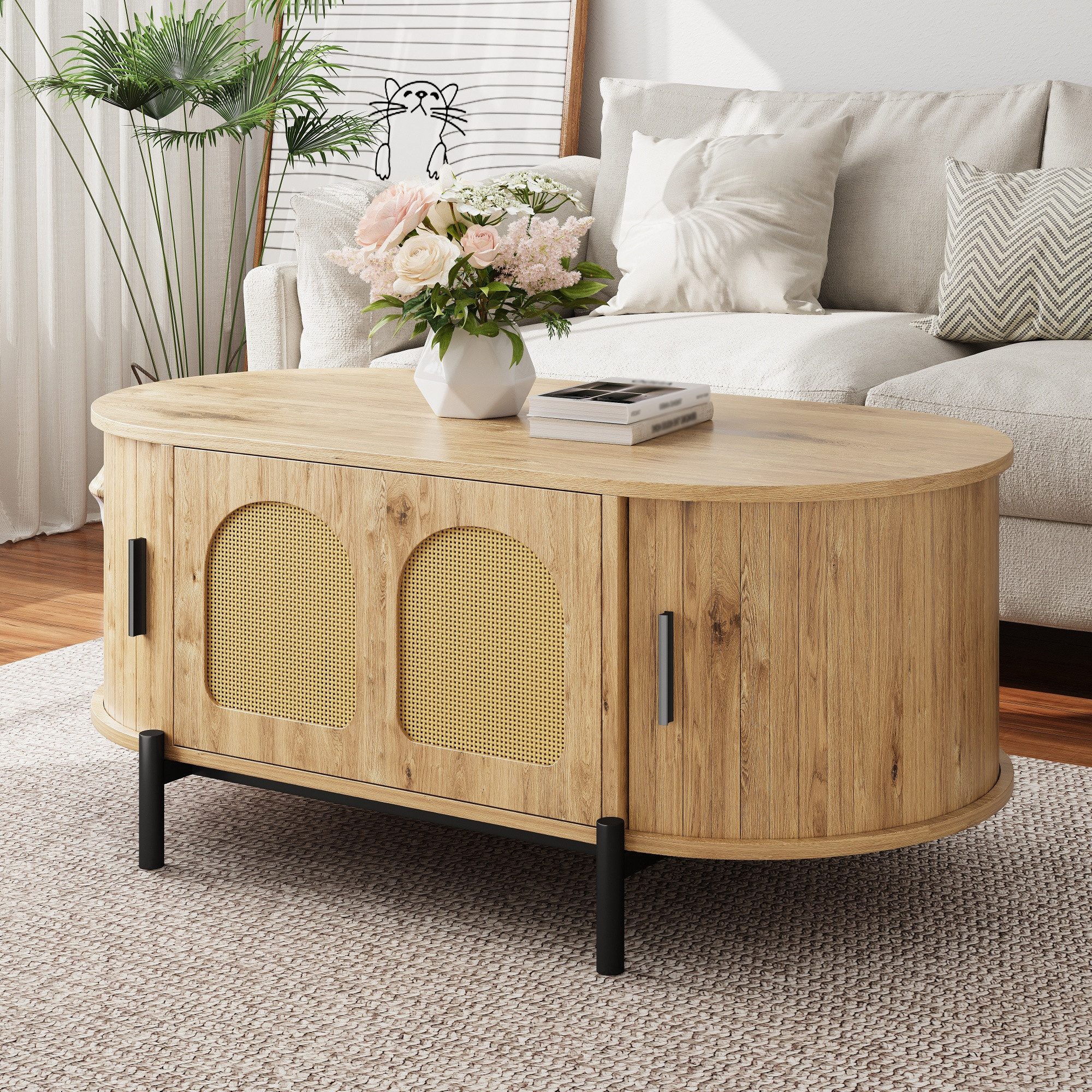 Merax Couchtisch Oval Sofatisch Skandinavisch Beistelltisch mit Rattan-Oberfläche (100 x 50 x 40 cm, 1-St), Wohnzimmertisch mit Klapptür, 2 Schiebetüren, Stauraum & Metallbeine