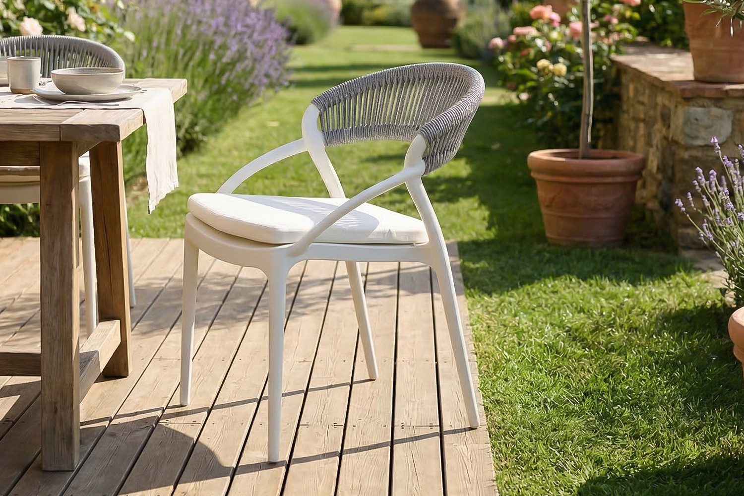 KAWOLA Gartenstuhl KISO Outdoor, Rückenlehne in Rope-Design, Sitzkissen (1 St), Balkonstuhl, wetterfest, wasserabweisend, moderne Flecht-Optik