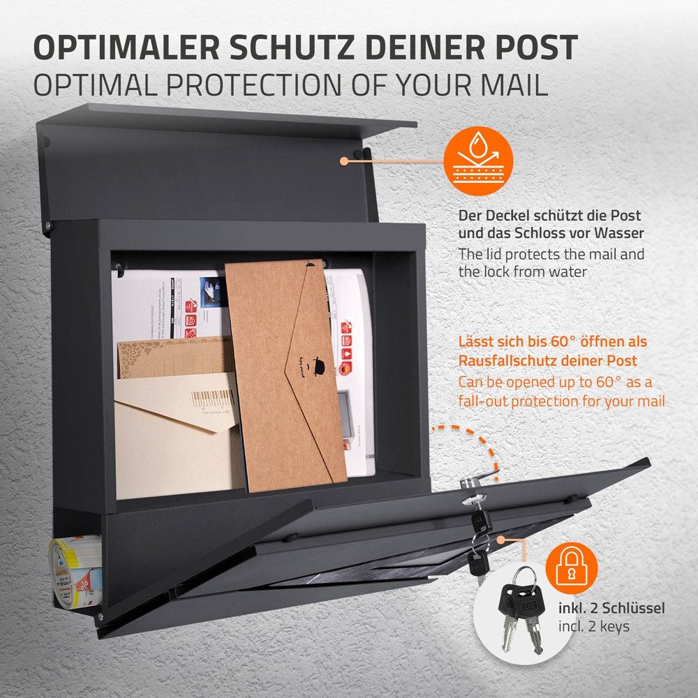 ML-DESIGN Briefkasten Wandbriefkasten Postkasten Design Briefkastenanlage Postbox Mailbox, Standbriefkasten mit Zeitungsfach Schloss und 2 Schlüssel aus Stahl