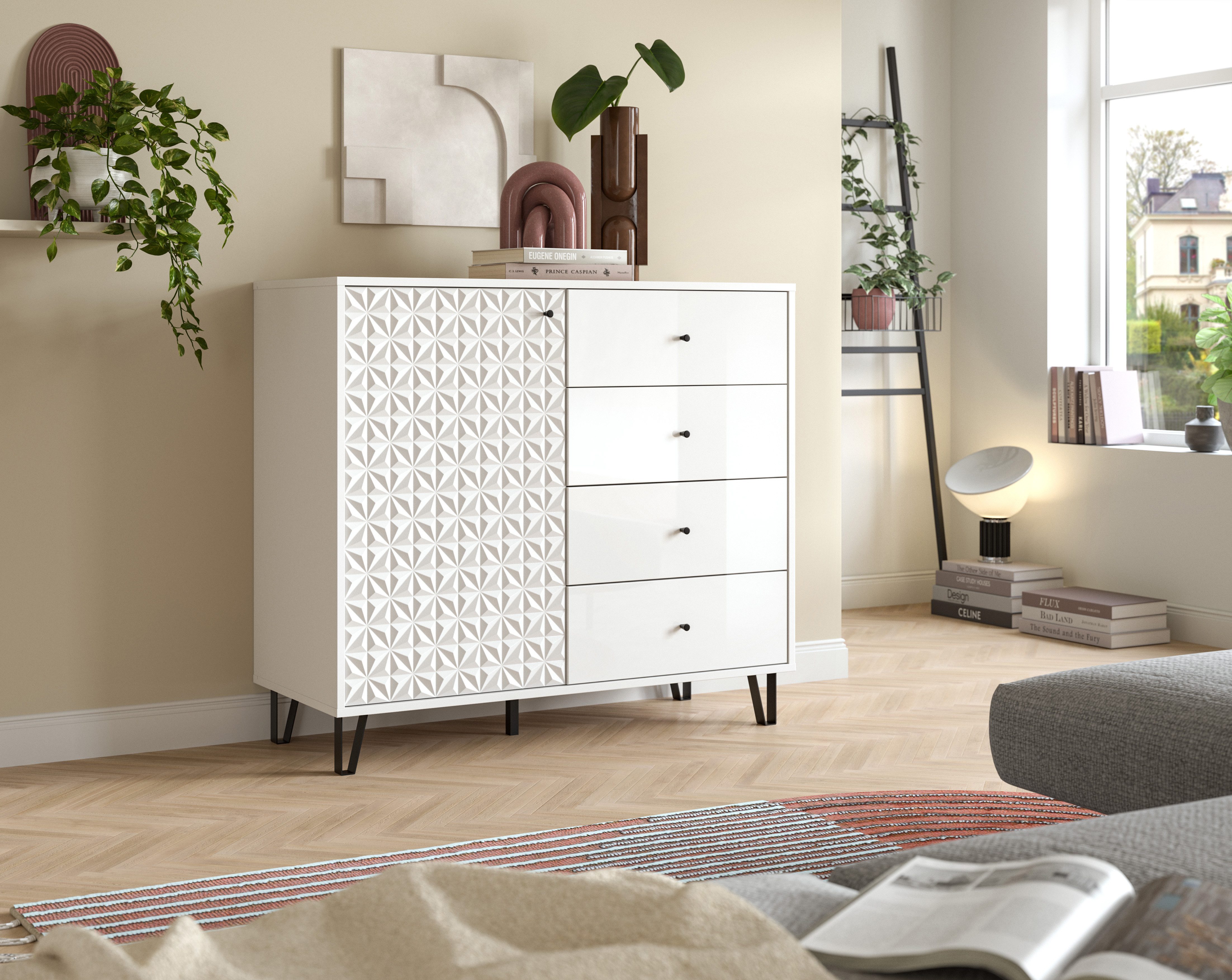 furnling Highboard Prima, 1 Tür in Prisma Optik, 4 Schubladen, Hochglanz Front, Höhe 96 cm