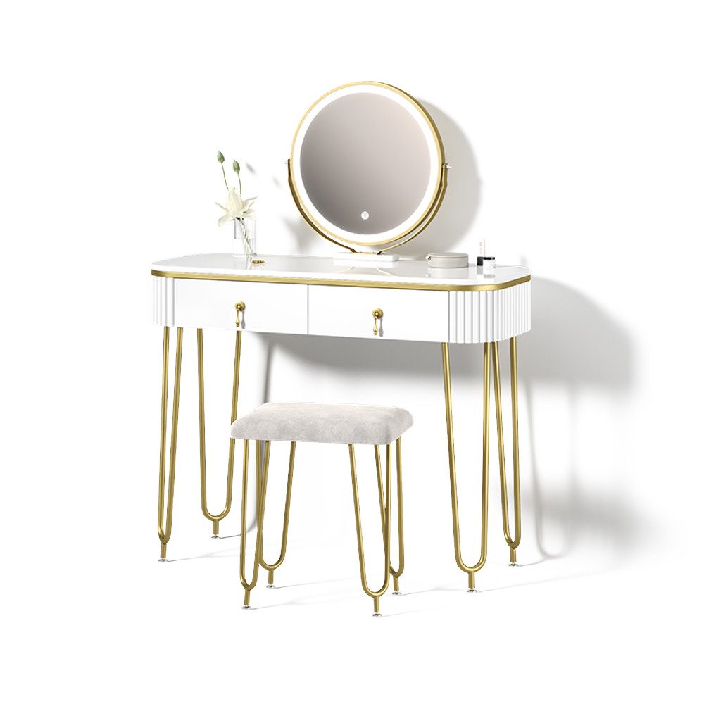 Livinity® Schminktisch Isonca, Weiß Hochglanz, mit LED Beleuchtung und Hocker (2-St)
