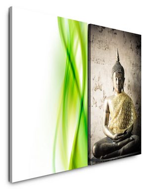 Sinus Art Leinwandbild 2 Bilder je 60x90cm Meditieren Geist Seele Buddha Buddhismus Harmonie Grün