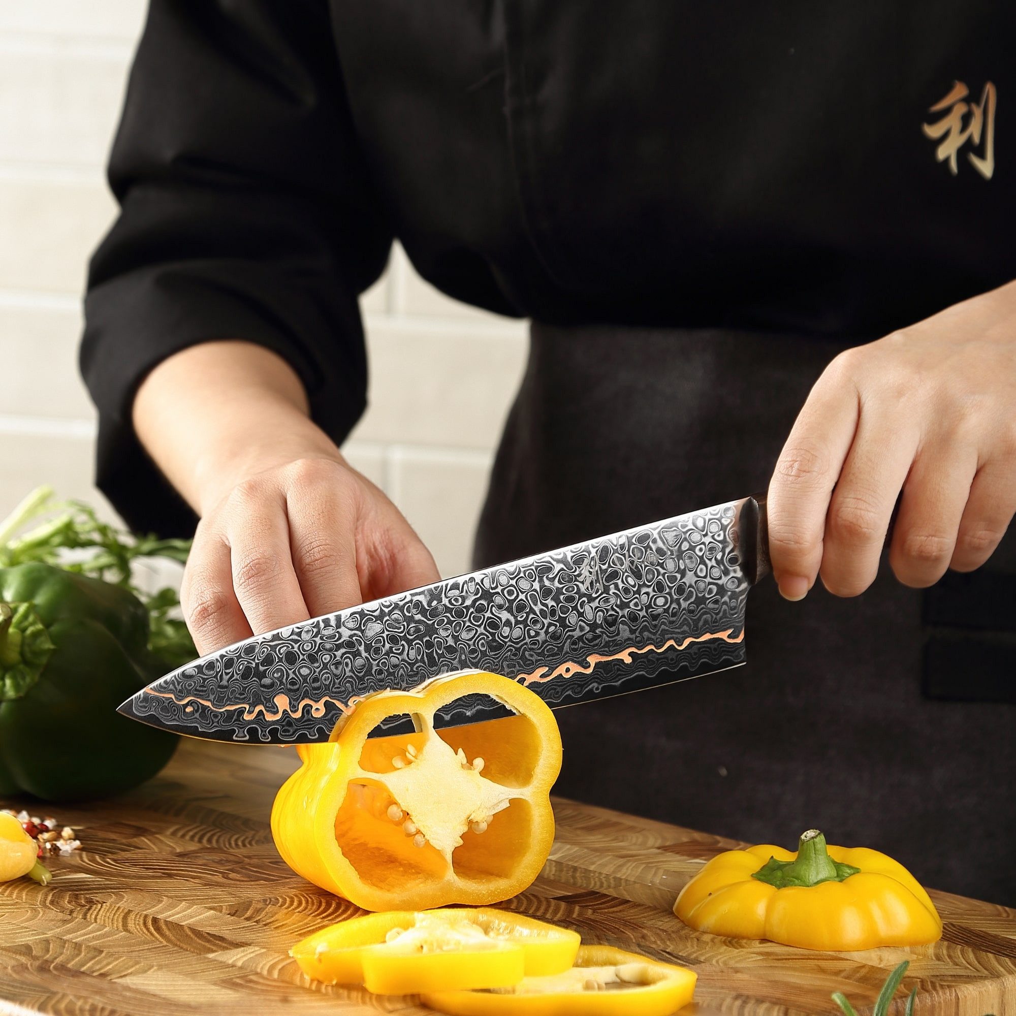 Wakoli Damastmesser Kawa Damast Chefmesser Küchenmesser Kochmesser 20 cm Klinge mit Kupfer, Damaststahl, Kupfereinlage, VG10