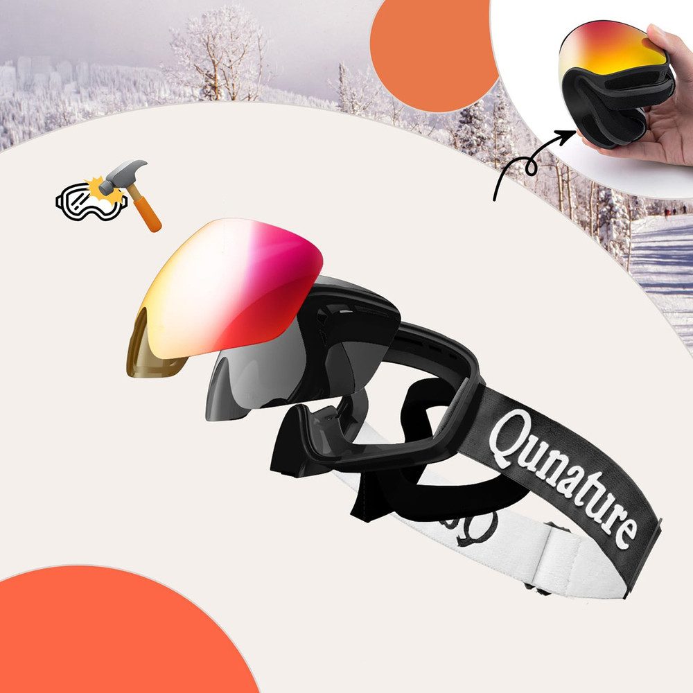 Qunature Skibrille Snowboardbrille Schneebrille Wintersportbrille, (Spar-Set, 1-St), UV400, Antibeschlag, rahmenlos, helmkompatibel