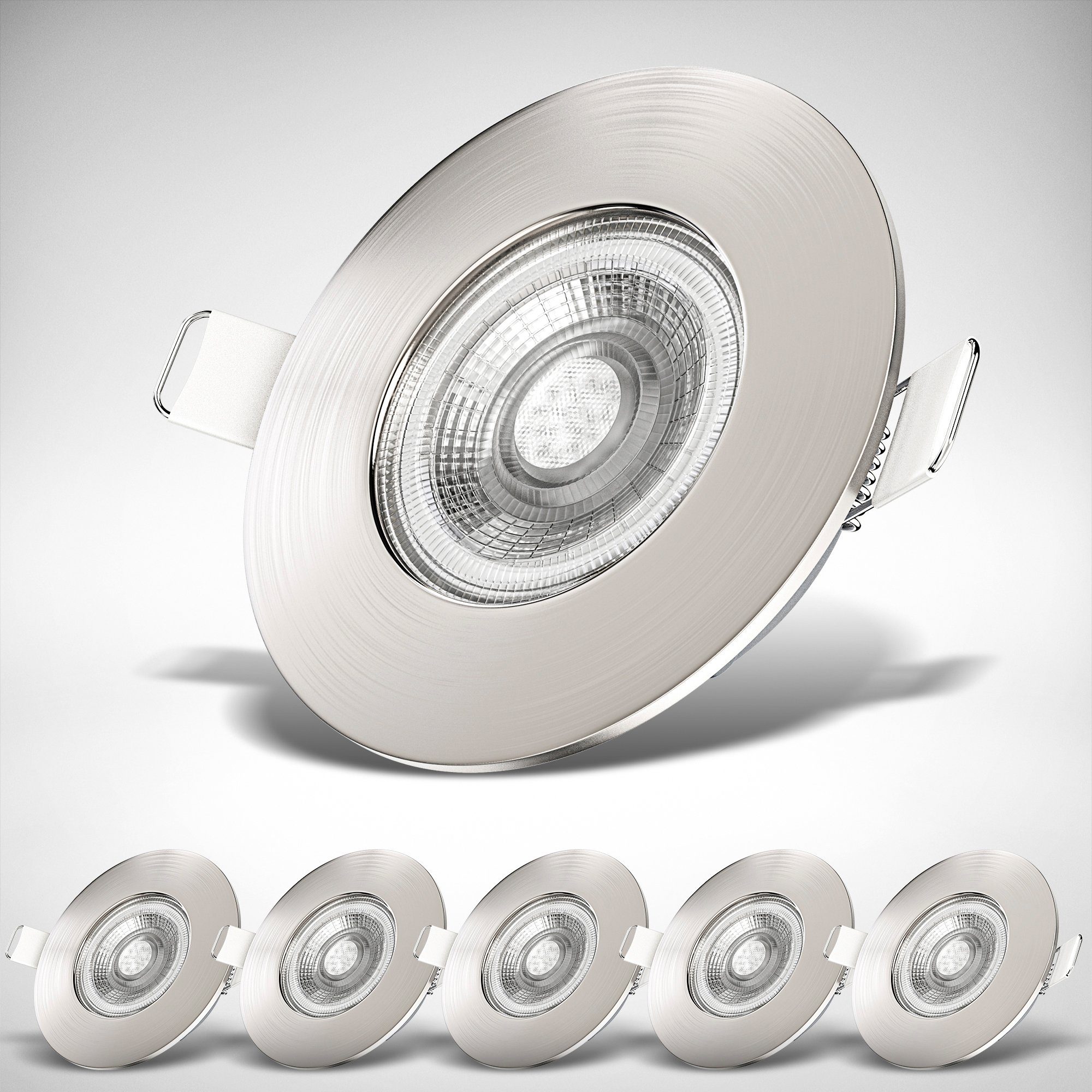 B.K.Licht LED Einbauleuchte BK_EL1278 LED Bad-Einbauleuchten, Lochbohrung, cm 4,9 6er Matt-Nickel, Ø6,8 Set, integriert, LED IP44, 480 Warmweiß, Lumen, 3000K Warmweiß, fest Außenmaß Ø9cm Watt