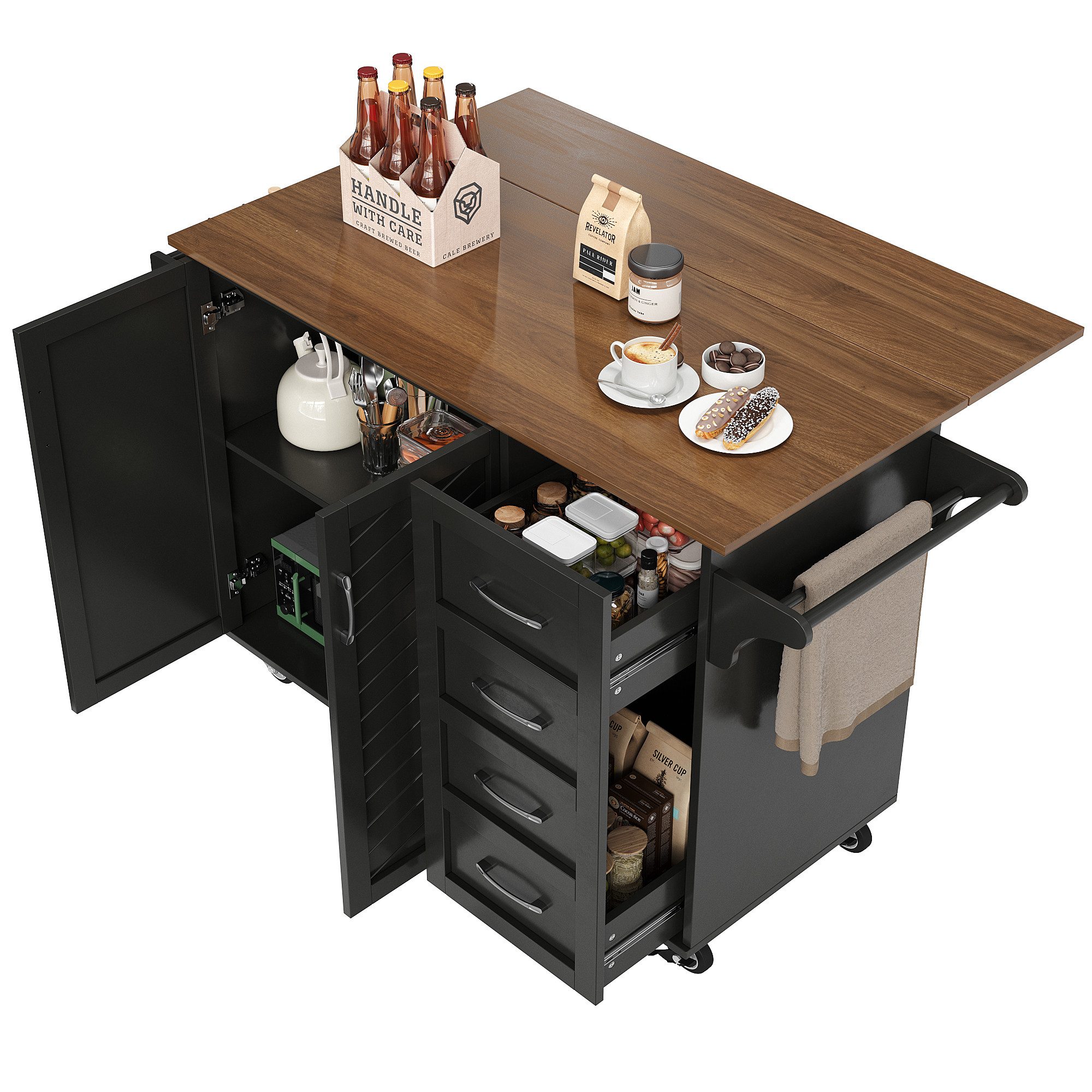 REDOM Кухниwagen Buffetschrank,Speisewagen, mit Arbeitsplatte, (mit Klapptischplatte, Gewürzregal & Handtuchhalter, Flexibel & Platzsparend, Ausziehbare Tischplatte 71cm, Ideal für kleine Кухни und Esszimmer, Verstellbare Trennwände, 107*40*93CM), mit Handtuchhalter und Gewürzregal