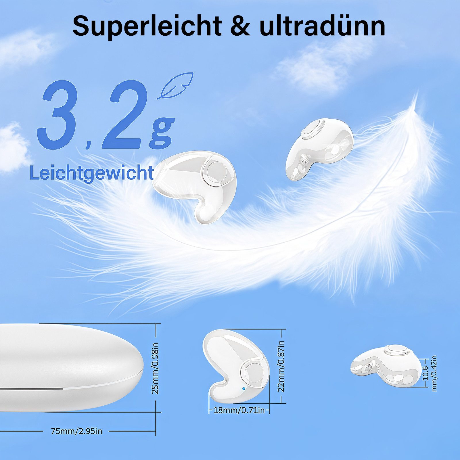 MOPUEA In-Ear Schlafkopfhörer kabellose Schlaf-Ohrhörer für Seitenschläfer Bluetooth-Kopfhörer (integriertes Mikrofon, Kompakt mit Typ-C-Schnellladehülle)