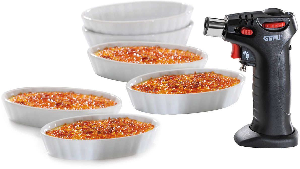 GEFU Flambierbrenner Crème Brûlée Set CARMELLO, (Set, 7-tlg., Flambierbrenner, 6 Porzellanschalen), komplettes Set, professionelle Ergebnisse