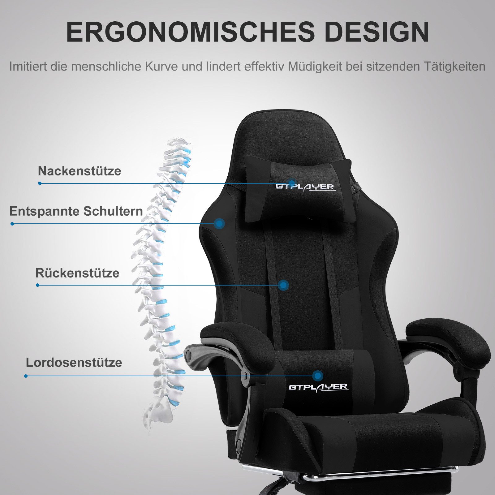 GTPLAYER Gaming-Stuhl Bürostuhl mit Massagefunktion, Fußstütze, Kopfstütze (Packung), Ergonomischer Gamer Stuhl Maximale Belastung 150 kg, 360° drehbar – Bild 3 von 5