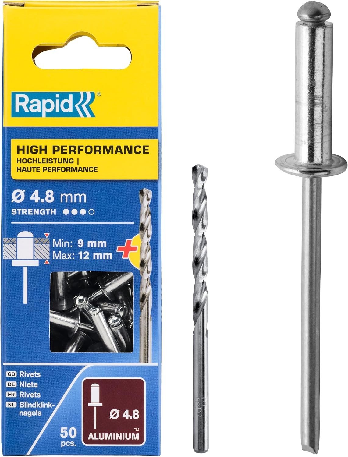 Rapid Niete Rapid Blindnieten Aluminium 4,8 mm 9 bis 12 mm 50 Stück, 8mm Nieten 12mm Klemmbereich Stk Bohrer