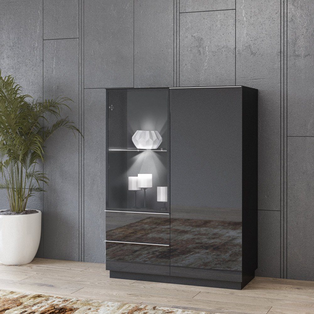 (4-St., Beleuchtung 360/195/48 cm 4-tlg), schwarz und Wohnwand mit HOOVER-83, Lomadox LED Glasfronten