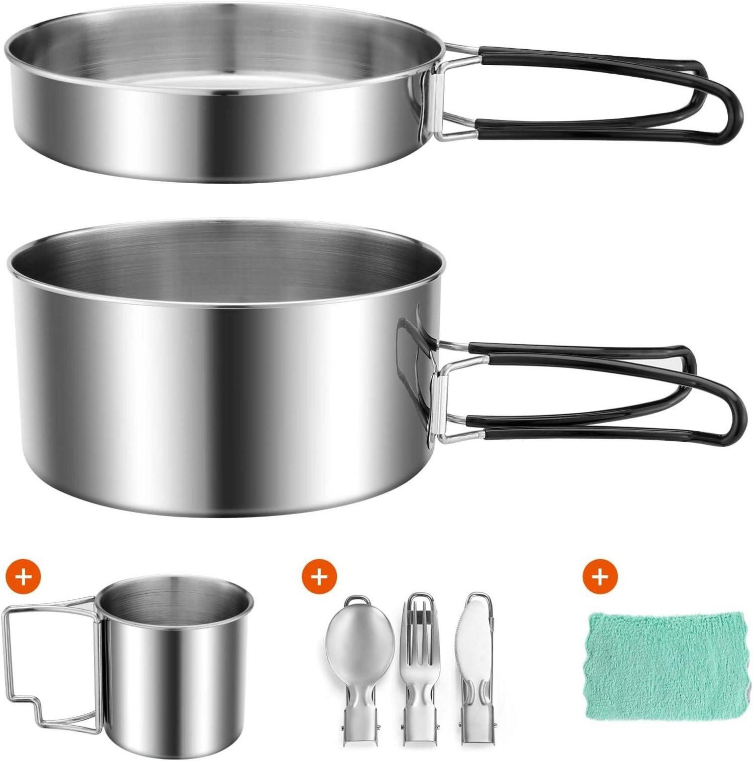 Campingstuhl Camping Geschirr Set 7-teilig Edelstahl Pfanne Topf Tasse