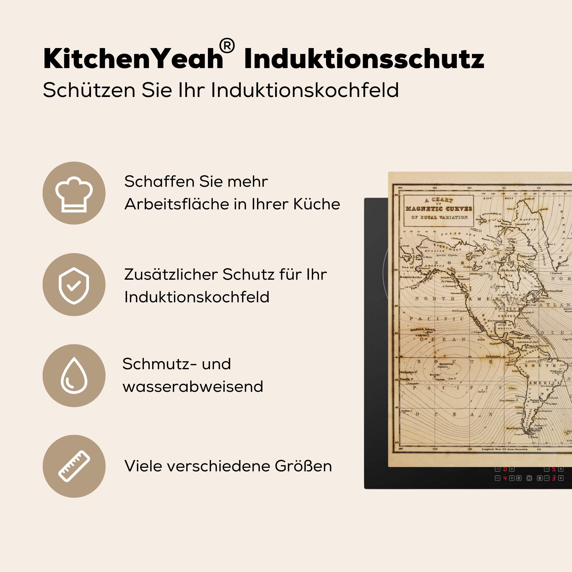 MuchoWow Herdblende-/Abdeckplatte Weltkarte - - cm, Vintage für küche Pädagogisch, Braun 77x51 tlg), - Vinyl, (1 Arbeitsplatte Ceranfeldabdeckung