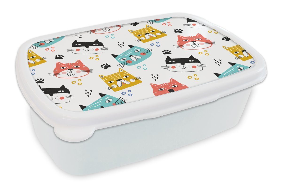 MuchoWow Lunchbox Jungen - Muster - Katzen, Kunststoff, (2-tlg), Brotbox für Kinder und Erwachsene, Brotdose, für Jungs und Mädchen weiß