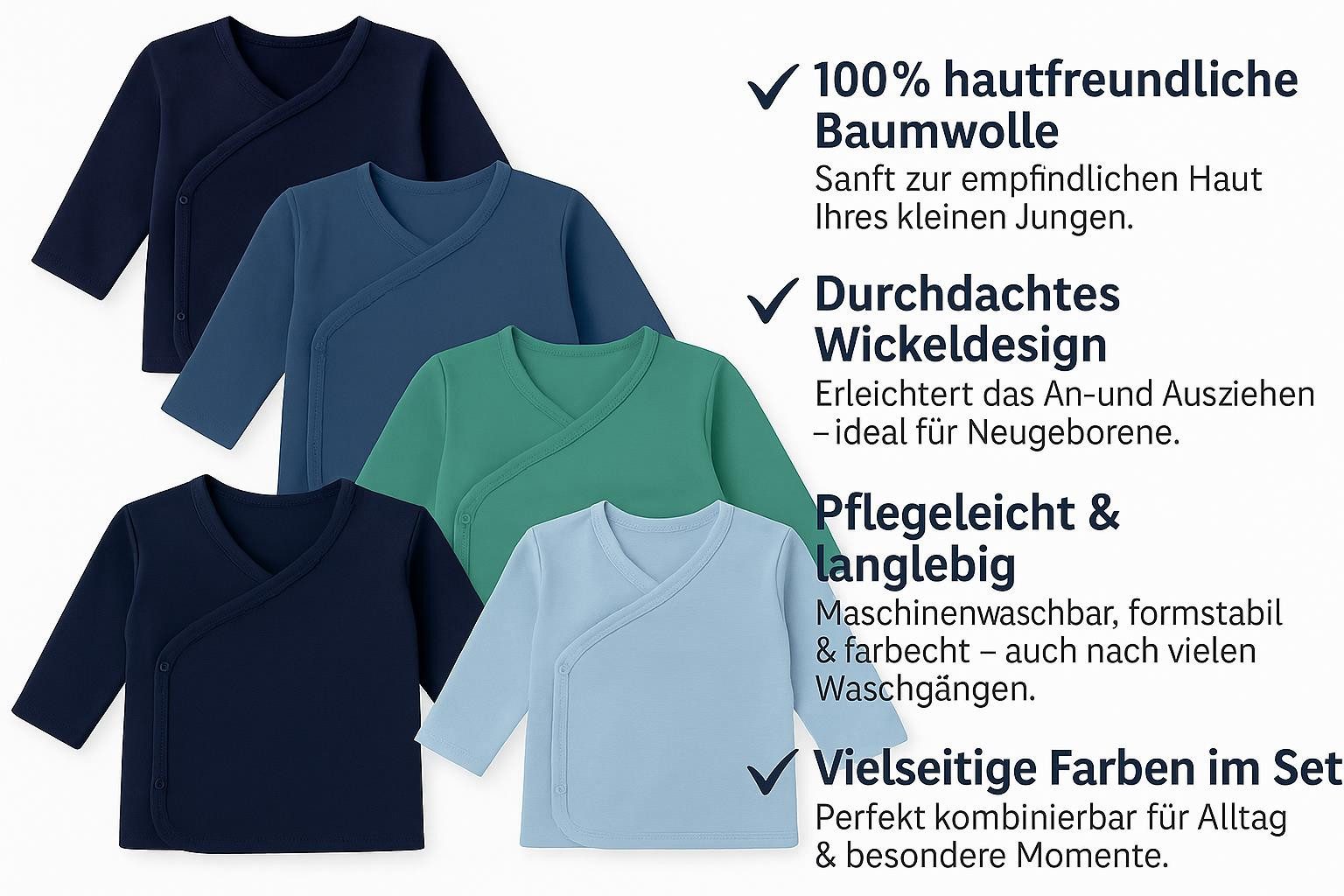 LOREZA Wickelshirt 5er Set Jungen Baby Wickelshirts langarm 100% Baumwolle (Set, 5-tlg., 5er-Pack)
