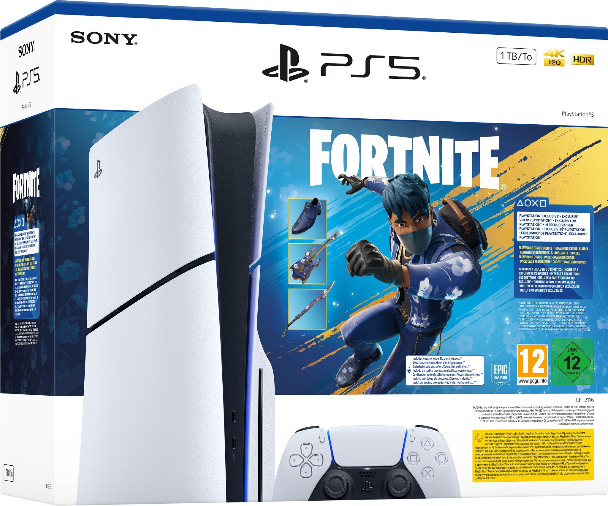 Playstation PS5 Slim Konsole – Fortnite Flowering Chaos Edition Bundle (ohne extra Controller St), Erblühendes-Chaos-Bundle