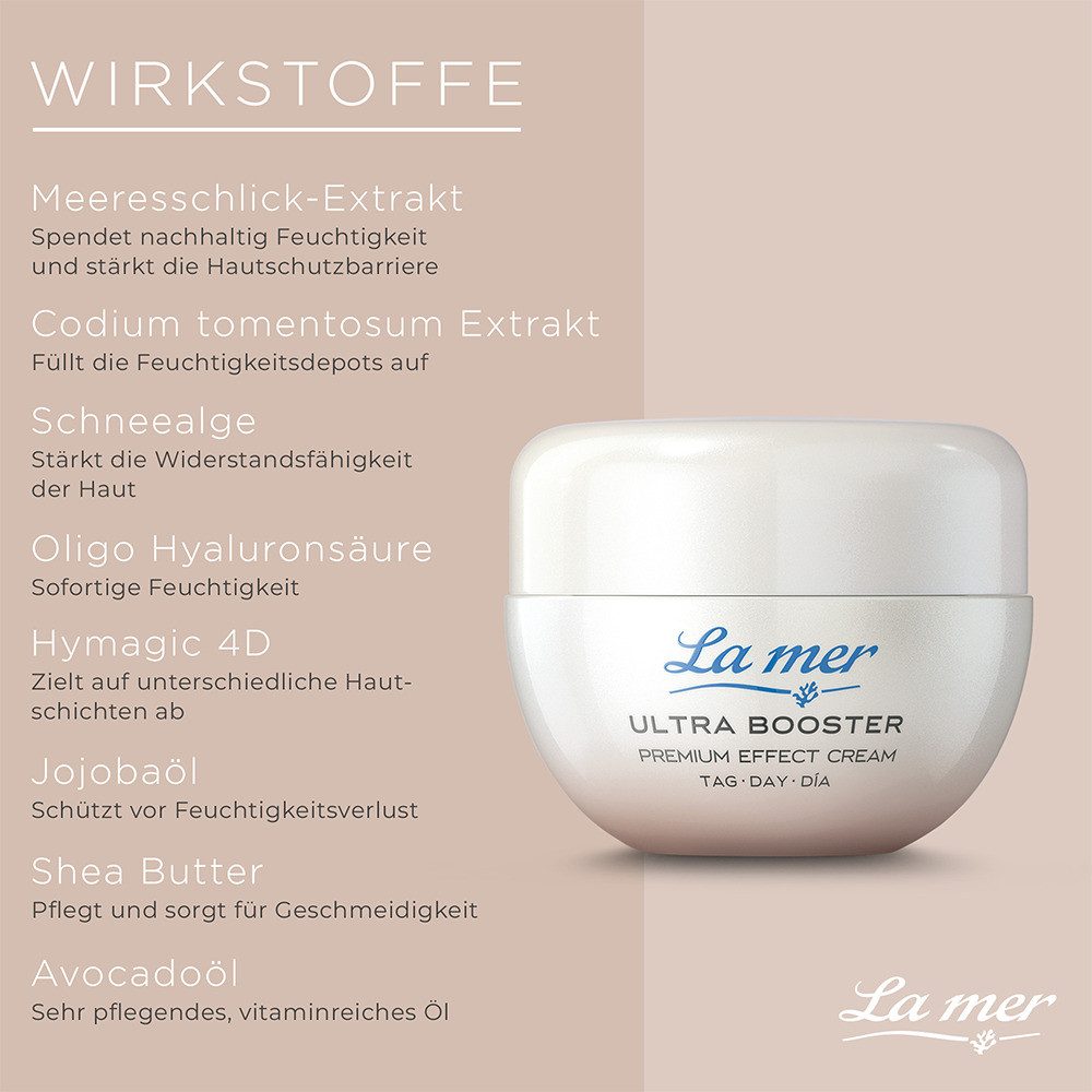 La mer Gesichtspflege Ultra Booster Premium Effect Cream Tag – Feuchtigkeitsbooster mit Hyaluron Luxuriöse Anti-Aging Tagescreme mit Hyaluronsäure-Komplex, füllt Feuchtigkeitsdepots auf, wirkt glättend und schenkt einen rosig-frischen Teint