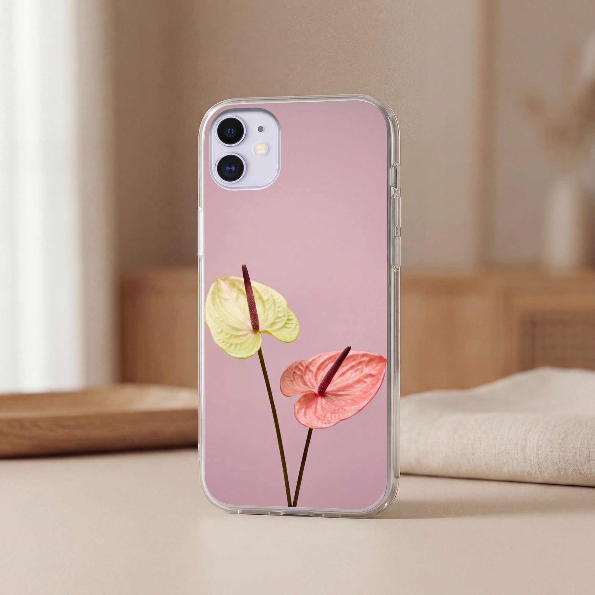 MuchoWow Handyhülle für Apple iPhone 11 Blumen - Anthurien - Gelb - Rosa, Smartphone-Bumper, Print, Handy Schutzhülle Dünn