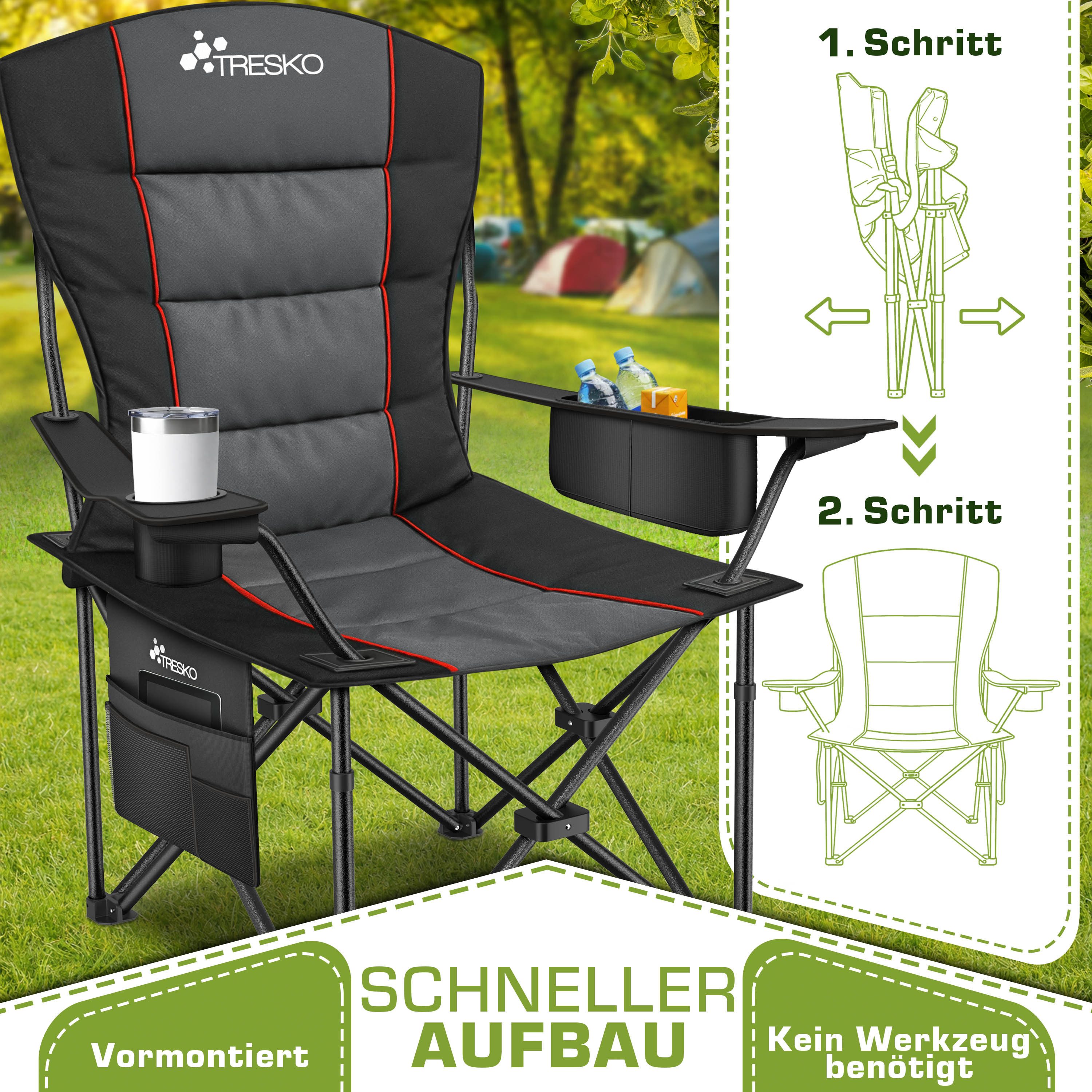 TRESKO Campingstuhl Faltbar bis 200kg Faltstuhl mit Kühltasche, Getränkehalter (Seitentasche, Klappstuhl XXL inkl. Tragetasche Angelstuhl), gepolstert für Outdoor, Angeln, Festival & Garten