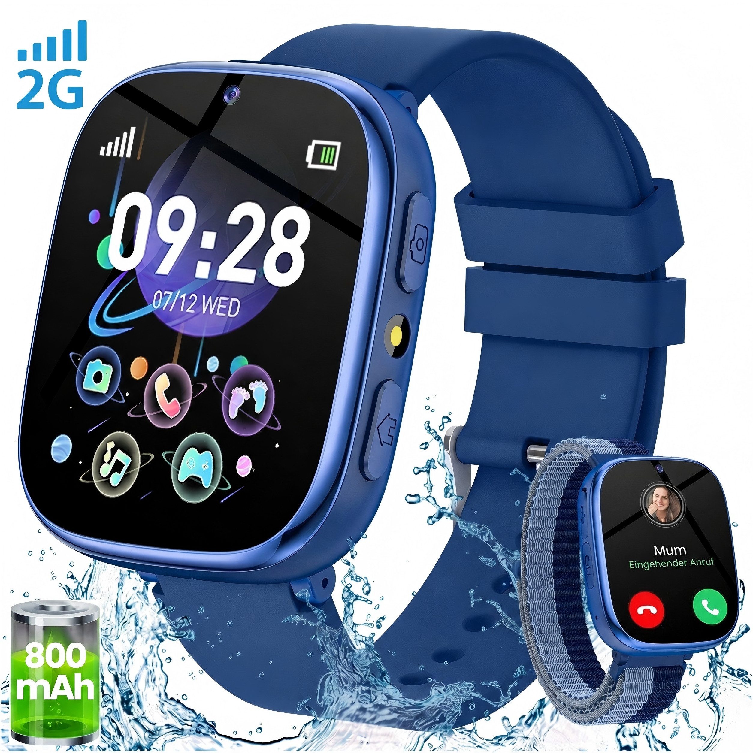 SWGOTA 800mAh 2G Smartwatch Kinder mit Telefonfunktion,Unterstützung für SOS Smartwatch (1,83 Zoll) mit 31 Spiele, Schulmodus,Foto,Video,Wecker, IP68 Fitness Tracker Kompatibel mit Android und iOS