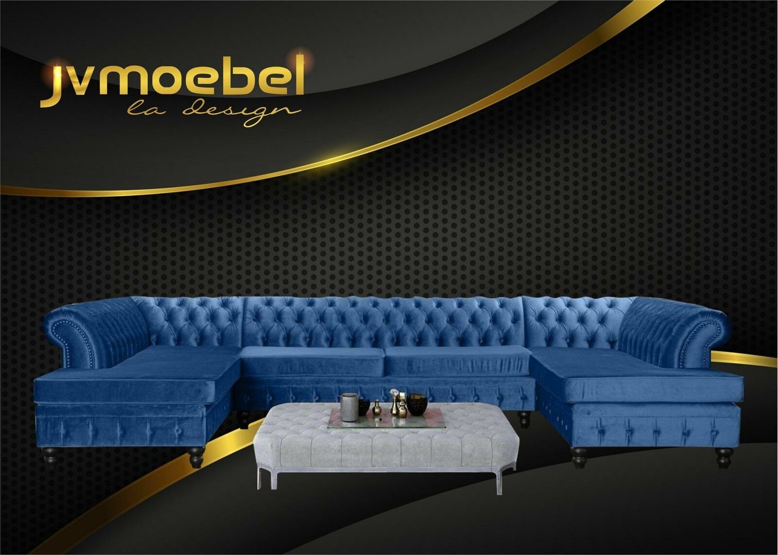 JVmoebel Ecksofa, Set Luxury Modern Ecksofa U-Form Chesterfield und Couchtisch Blau/Hellgrau