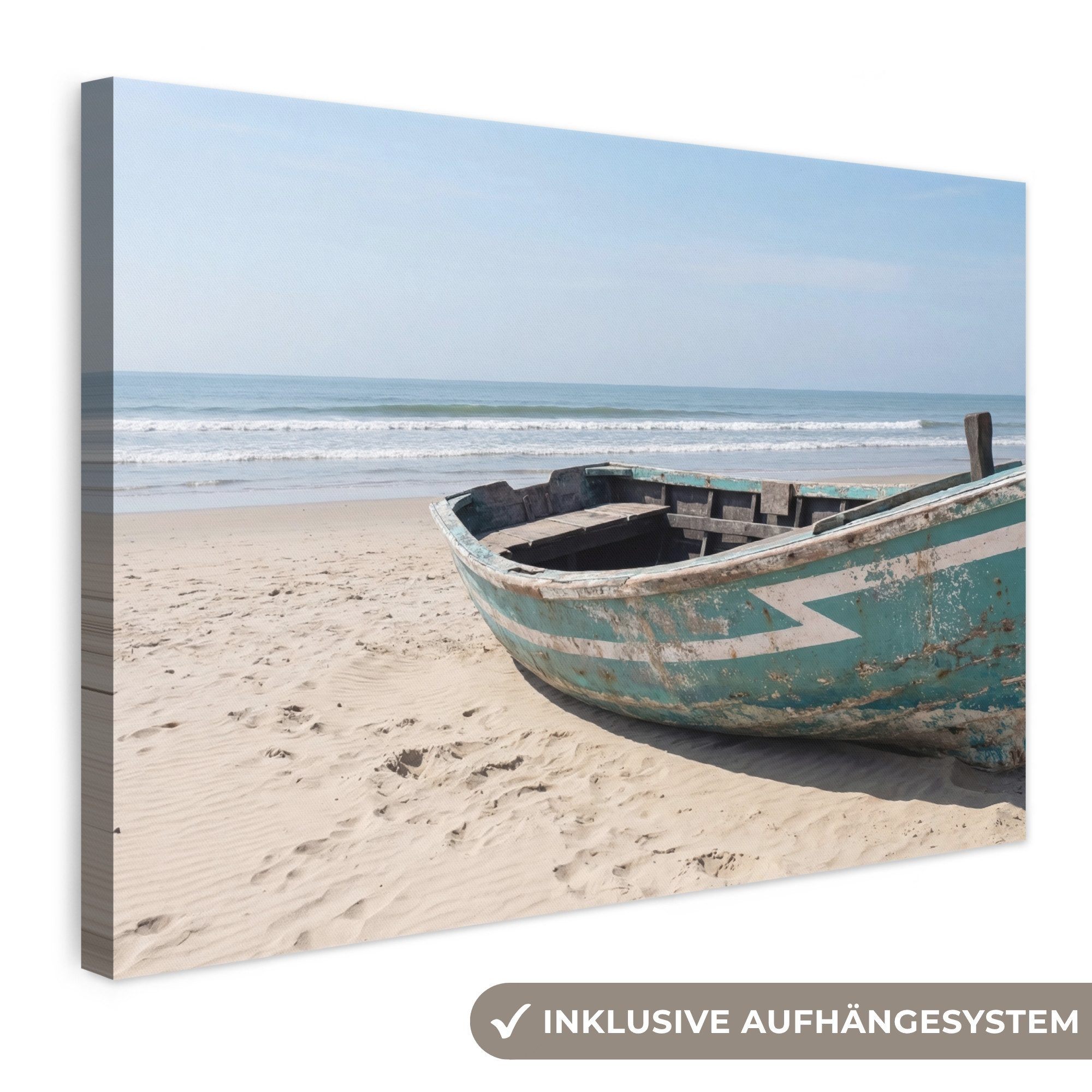 OneMillionCanvasses® Leinwandbild Boot - Sandstrand - Meer, Fotodruck (1 St), Leinwand Bilder Klein, Wand Dekoration Aesthetic 30x20 cm