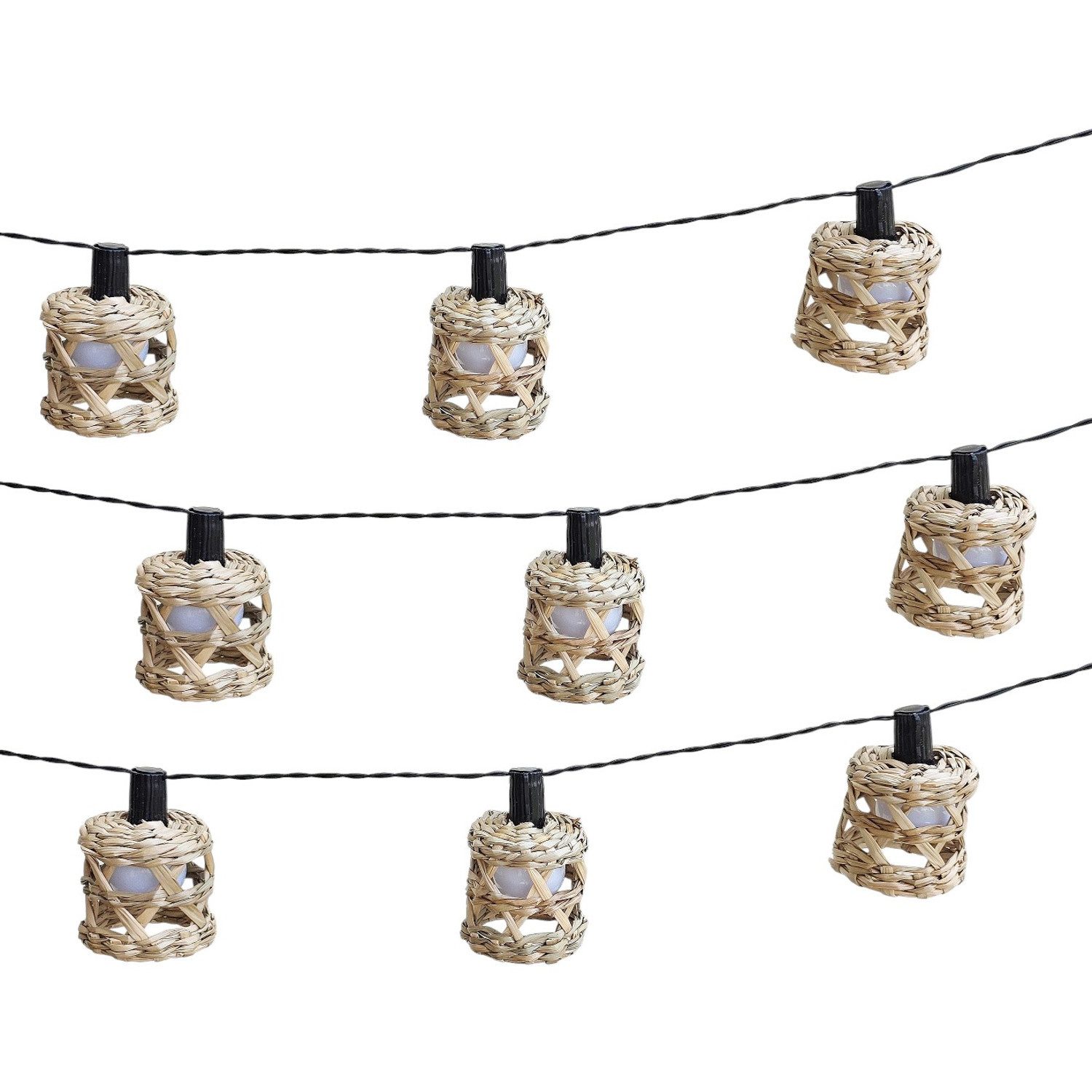 Macosa Home LED-Lichterkette Rattan Laternen warmweiß IP44 für Außen & Innen Boho, LED Lichterkette 180 cm mit Natur-Lampenschirmen