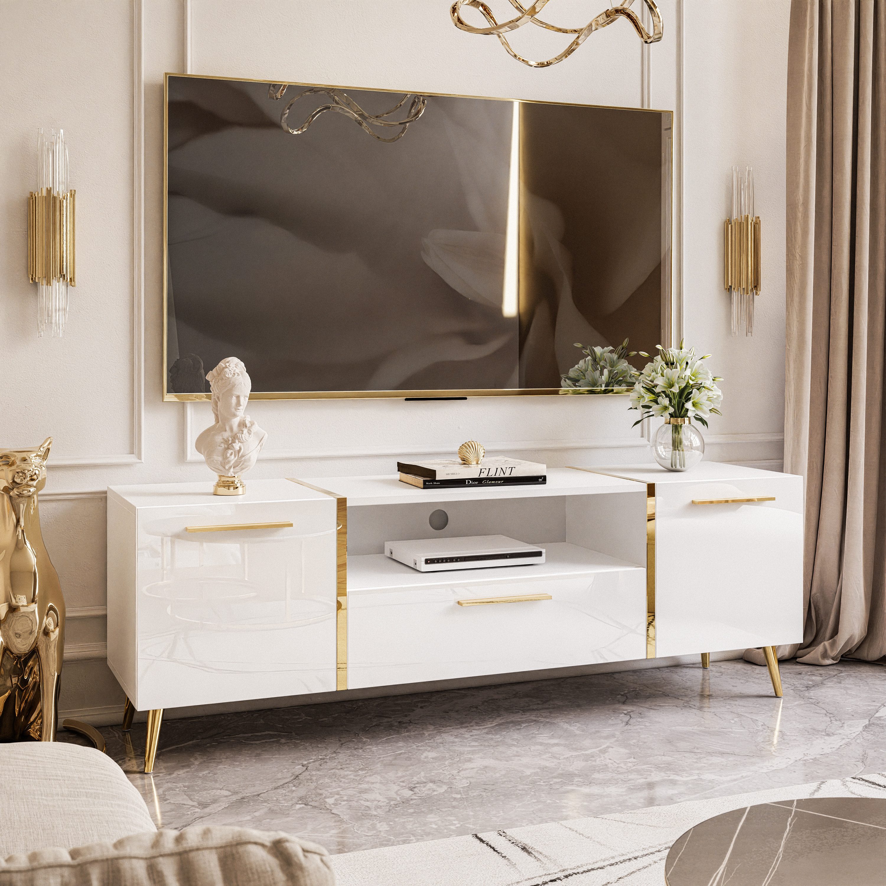 Lookway Lowboard ONYX TV-Schrank auf goldenen Beinen Hochglanz 158 cm Griff günstig online kaufen