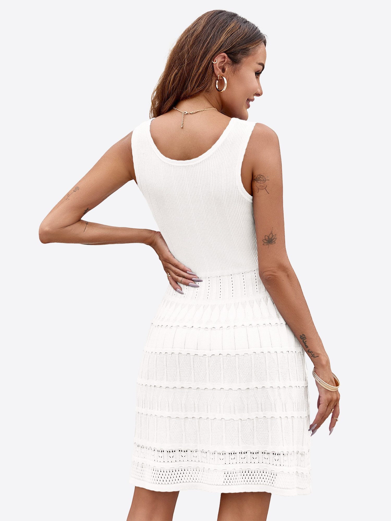 Imily Bela Strickkleid Damen Sommer Minikleid Casual Tank U-Ausschnitt Ärmellos Rüschen (Packung, 1-tlg., 1per-Pack) gehäkelt in Unifarbe