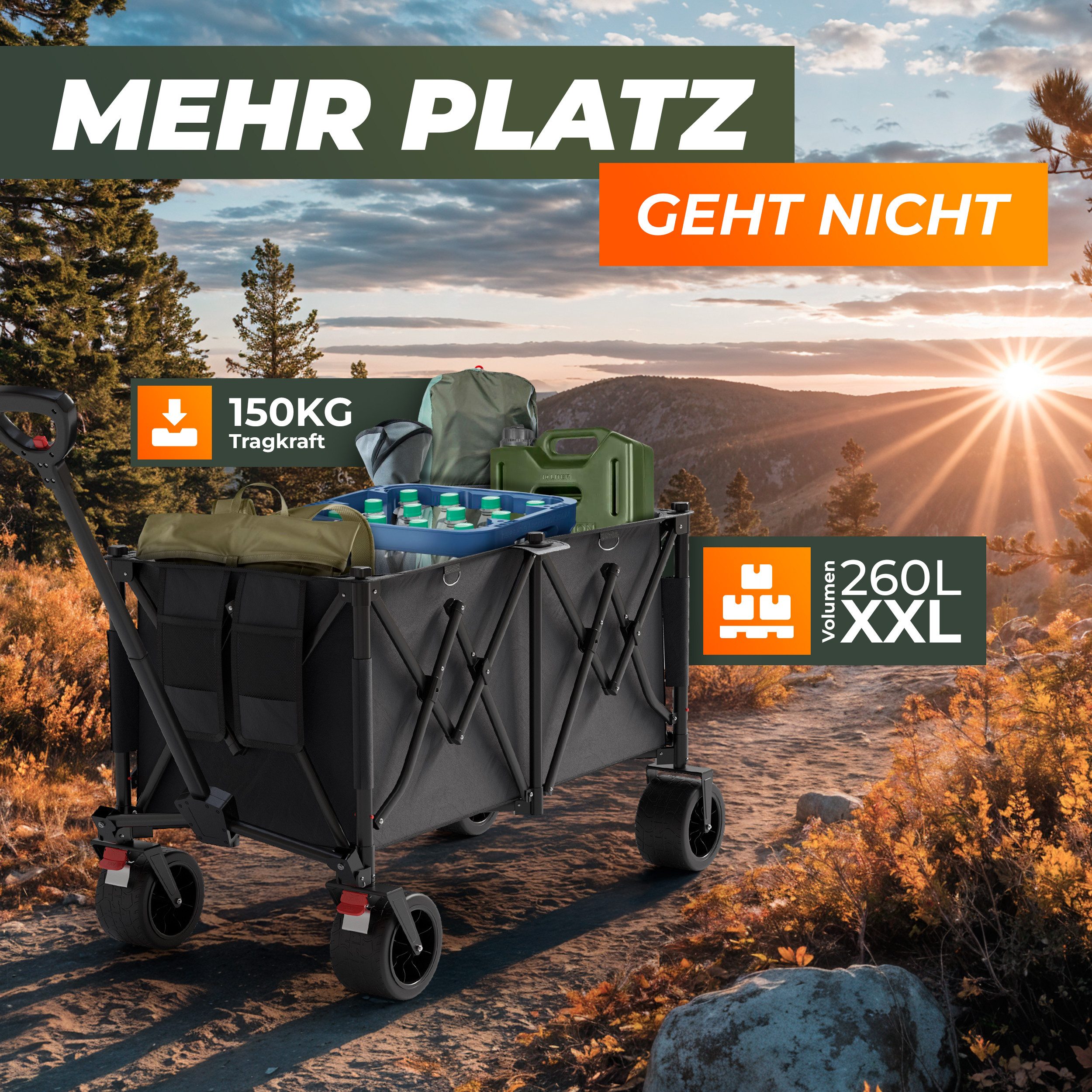 BigDean Bollerwagen XXL Bollerwagen faltbar mit Dach 260L 150kg belastbar robuster (1-tlg)