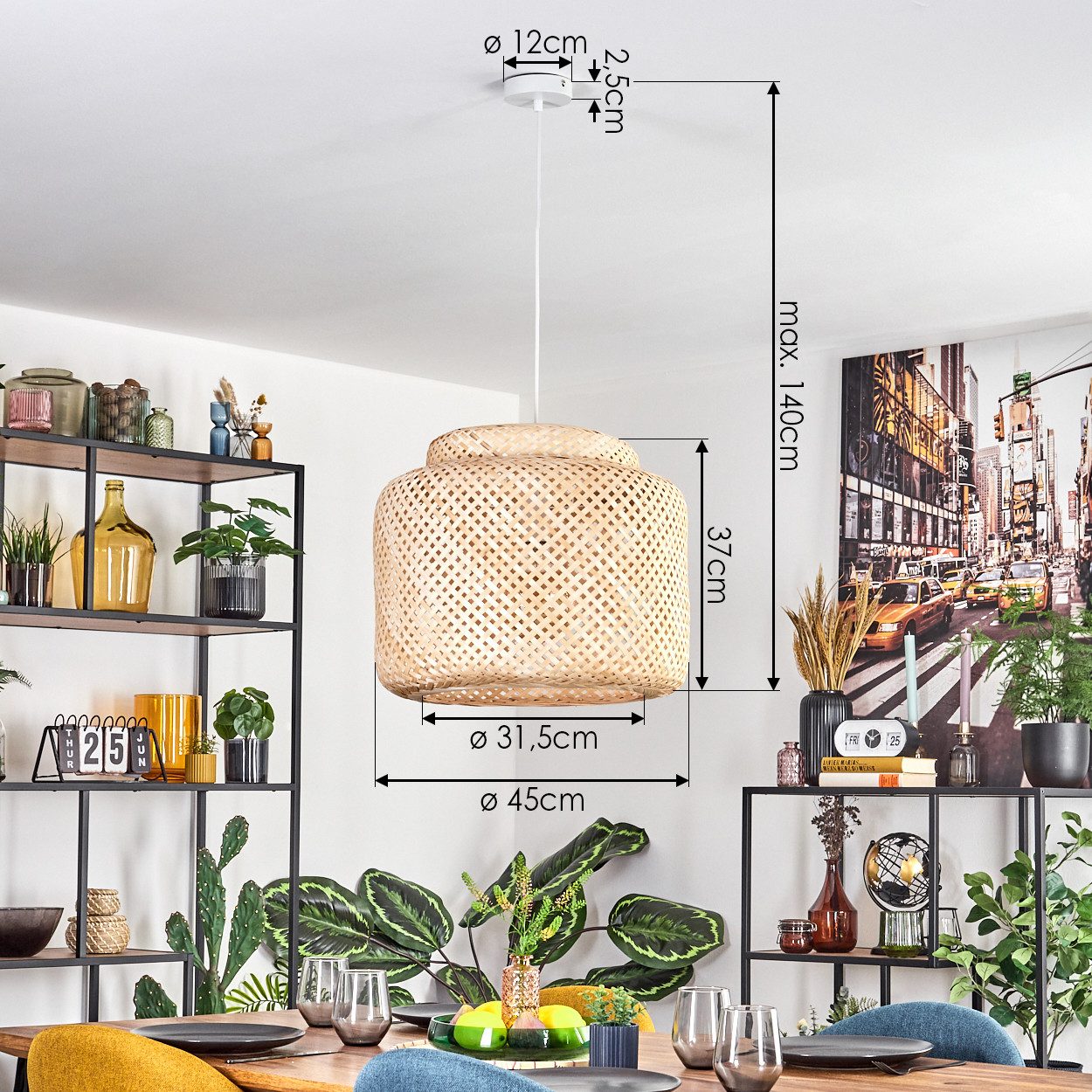 hofstein Hängeleuchte Hängelampe aus Metall/Bambus in Weiß/Naturfarben, ohne Leuchtmittel, Hängeleuchte im Boho-Design, Schirm in Gitter-Optik (45cm), 140cm, E2 – Bild 4 von 5