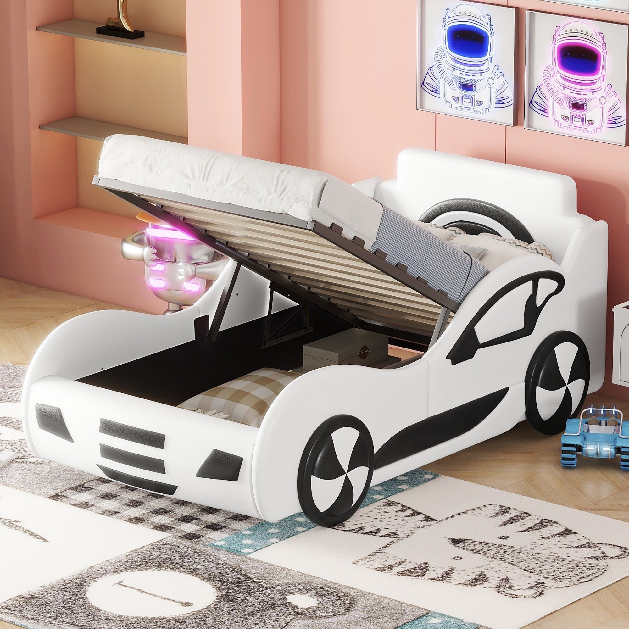 Merax Autobett mit Kunstlederbezug und Lattenrost, gepolstert 90x200cm mit Stauraum, Kinderbett Rennwagen, Polsterbett Weiß
