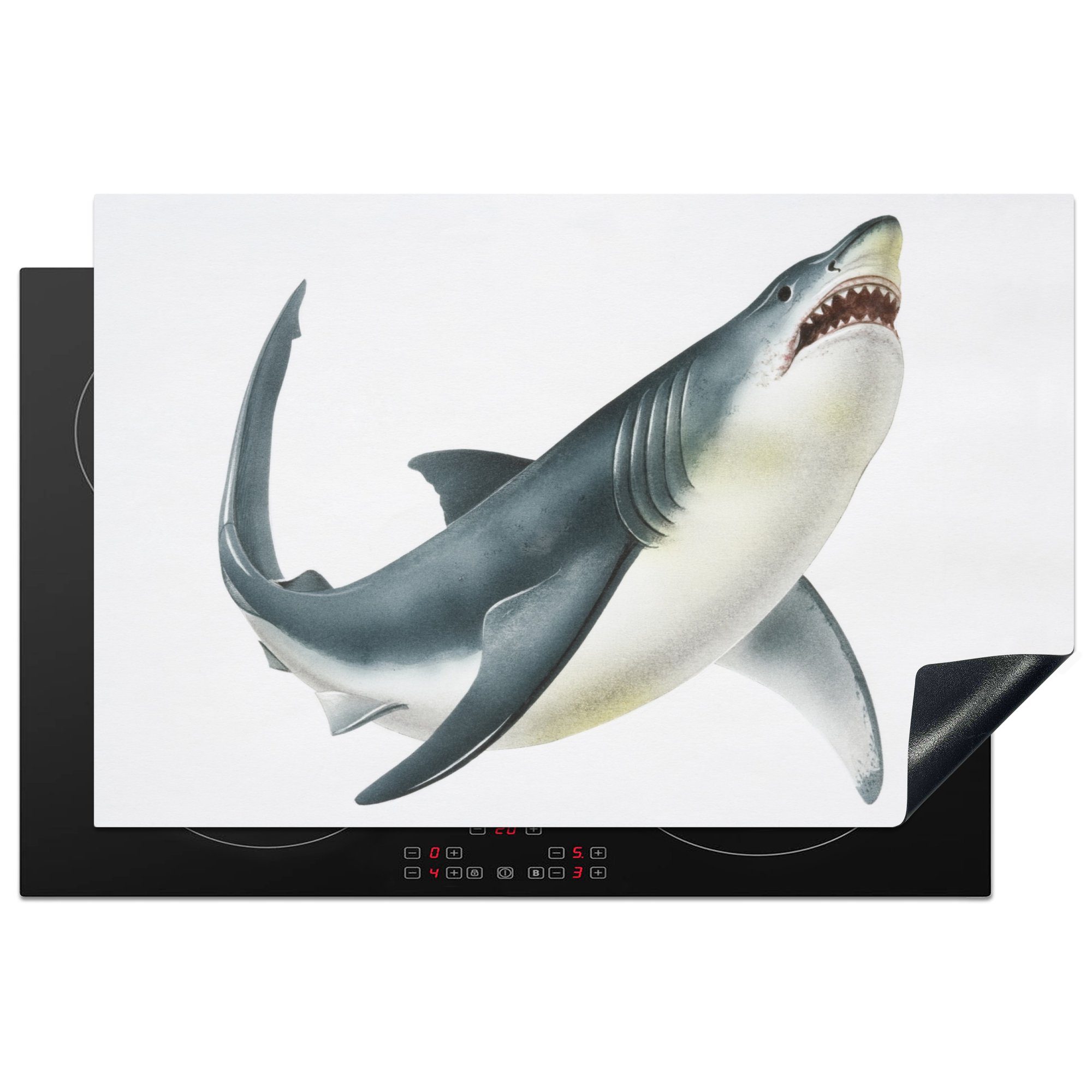 MuchoWow Herdblende-/Abdeckplatte Eine Illustration eines weißen Hais auf weißem Hintergrund, Vinyl, (1 tlg), 81x52 cm, Induktionskochfeld Schutz für die küche, Ceranfeldabdeckung