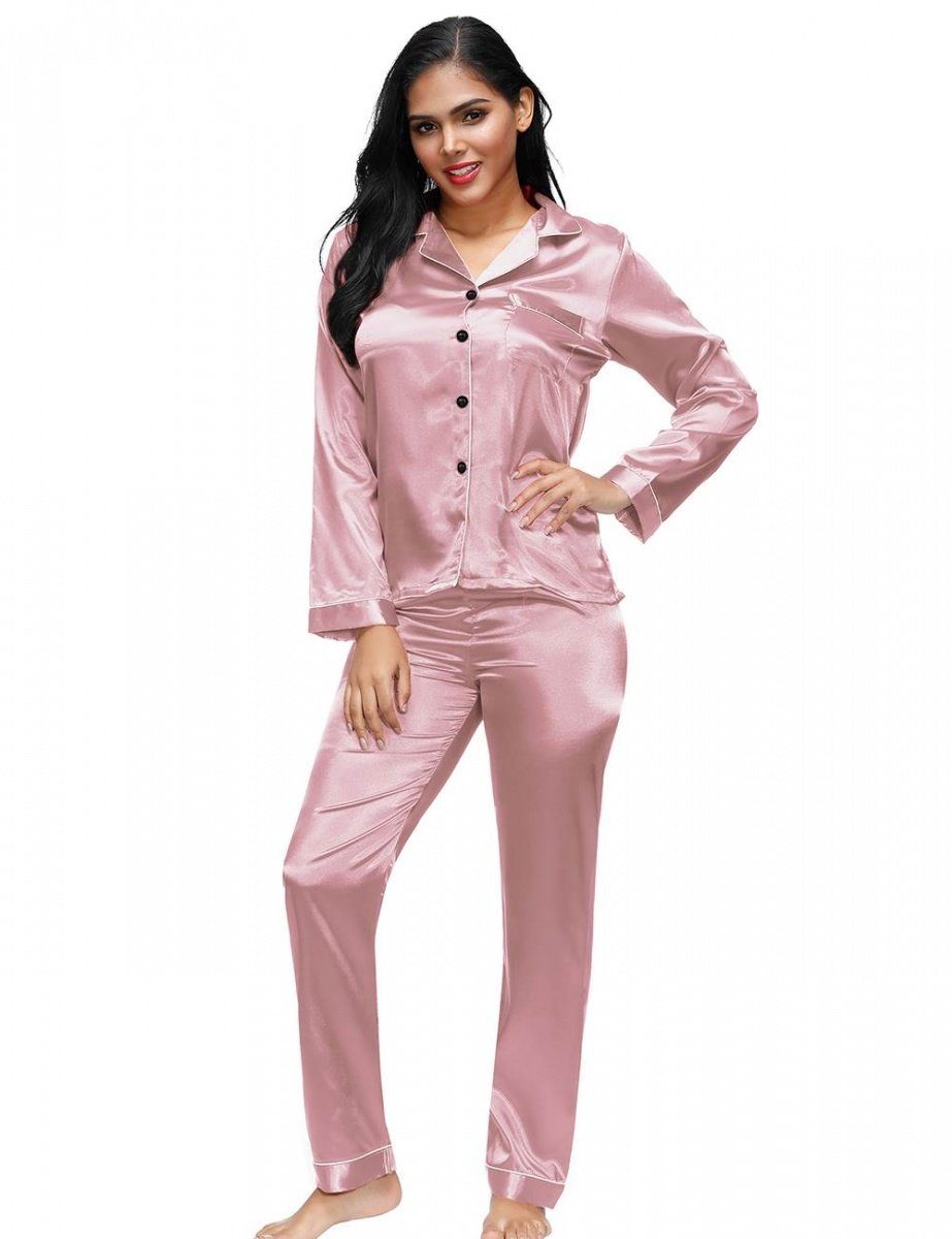 Nachtwäsche M/L Satin Langarm Schlafanzug Rose Lau-Fashion Altrosa Pyjama zweiteilig