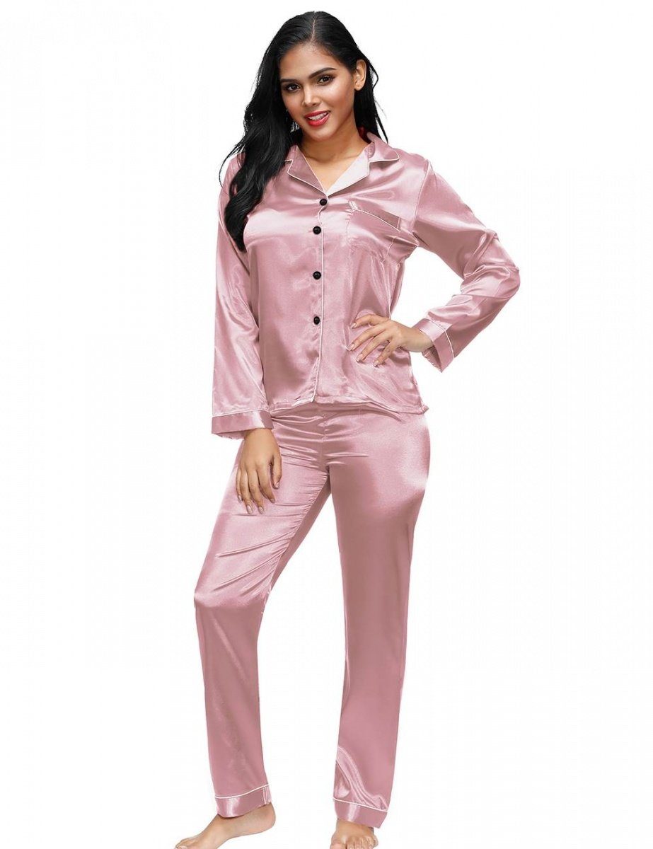 Lau-Fashion Pyjama Schlafanzug Rose Altrosa Satin Langarm zweiteilig  Nachtwäsche S/M