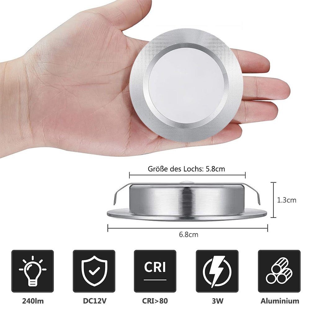 Rosnek LED Einbaustrahler 3W 12V, Super Slim, Aluminium, Einbauleuchte, für Wohnmobile Yacht, Kaltweiß, Warmweiß, Naturweiß, Deckenleuchte Schrankleuchten