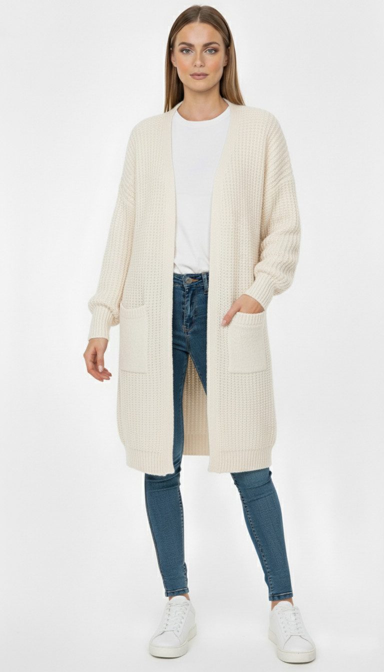 Kendindza Collection Cardigan Cardigan Damen Knielang Oversize Strickjacke Damen Lang Weich Grobstrick Longstrickjacke Made In Italy - One Size 34-44