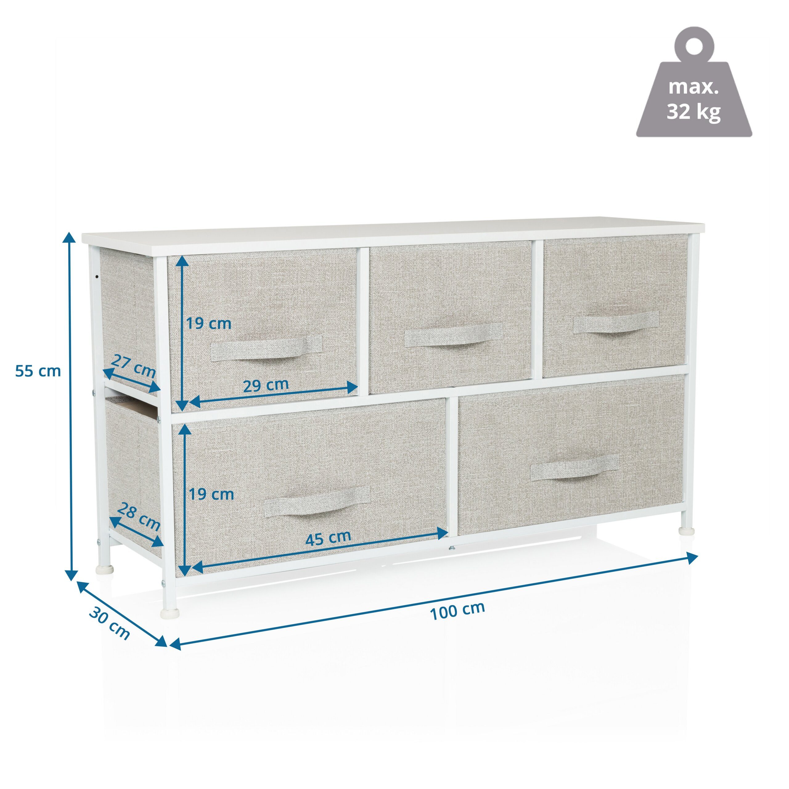 hjh LIVING Kommode FOLDAR Sideboard H/B/T: 55.0 x 100.0 x 30.0 cm, Schubladenkommode mit 5 Stoff-Schubladen, Metall-Gestell, Sideboard