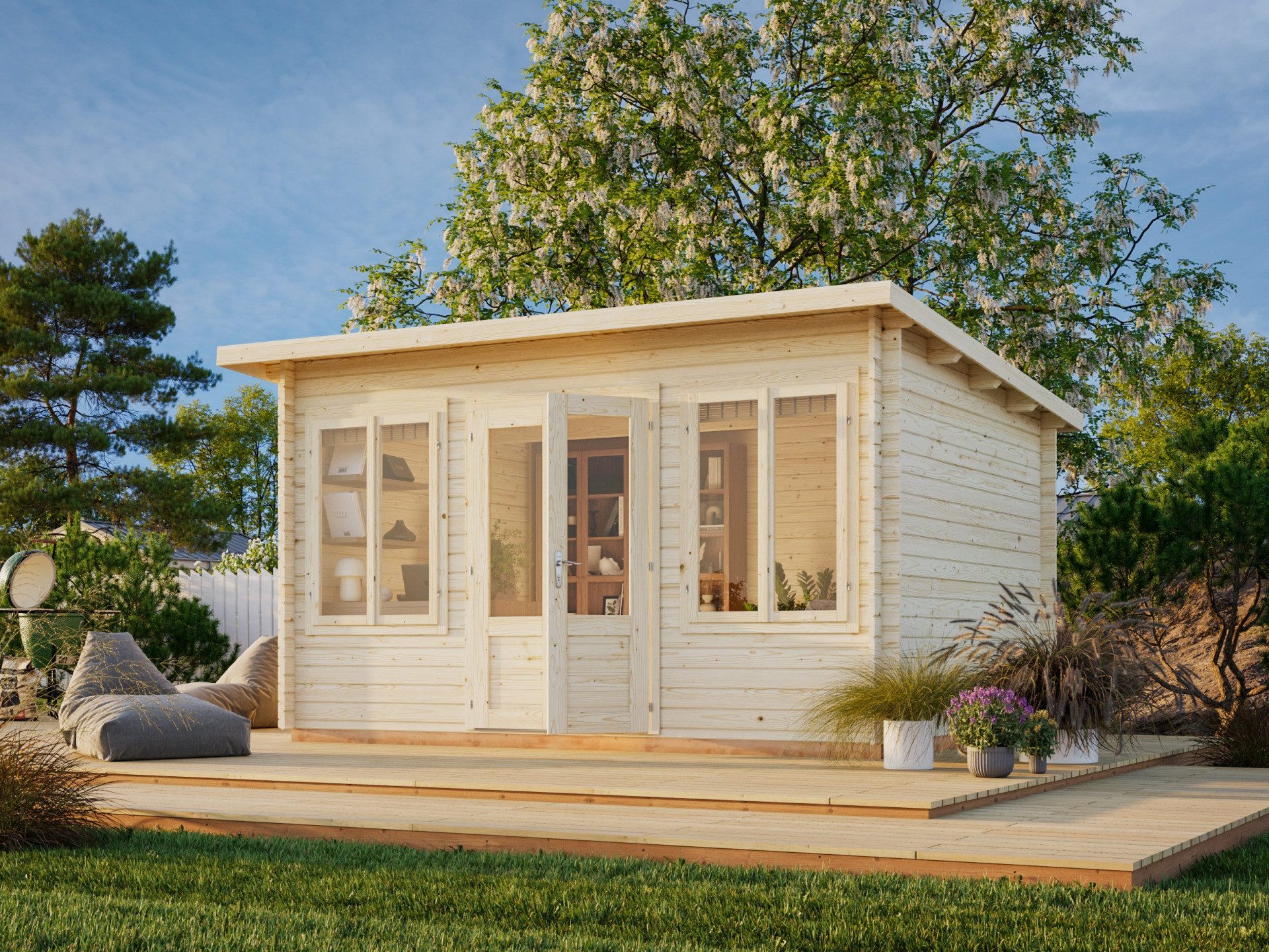 Palmako Gartenhaus Pultdach 4x3m Holz Lisa 11,5 in 34mm Wandstärke, BxT: 420x320 cm, mit Premium Dachbahn selbstklebend