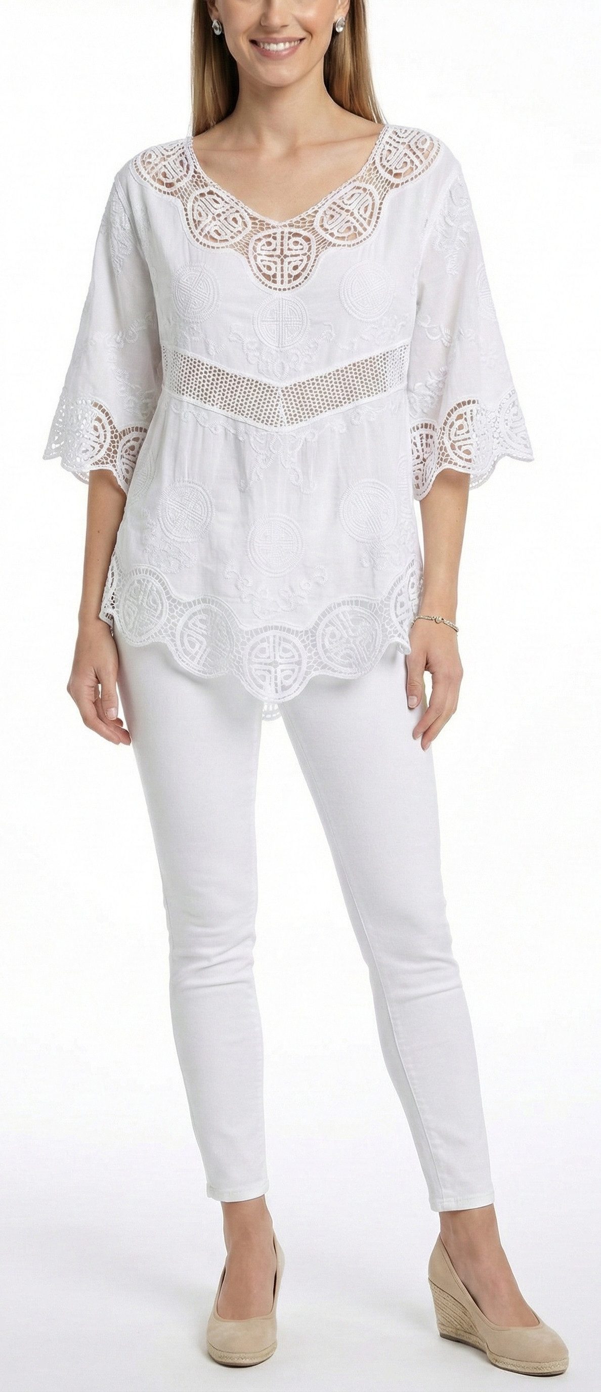 dy_mode Tunika Damen Tunika 3/4 Arm mit Spitze – Leichte Baumwoll Bluse für günstig online kaufen