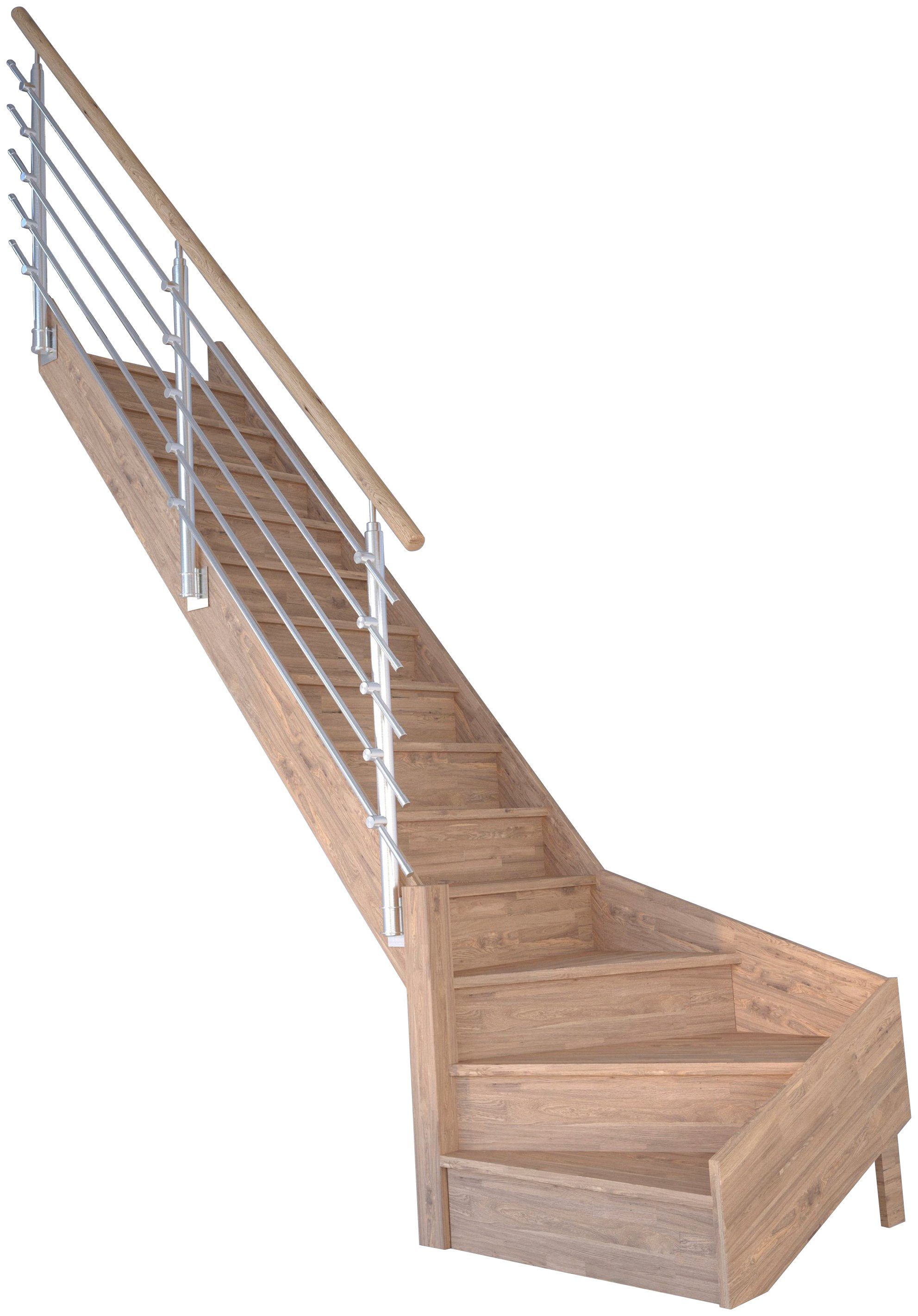 Starwood Raumspartreppe Massivholz Rhodos, Design-Geländer Edelstahl, für Geschosshöhen bis 300 cm, Stufen geschlossen, gewendelt Links, Durchgehende Wangenteile