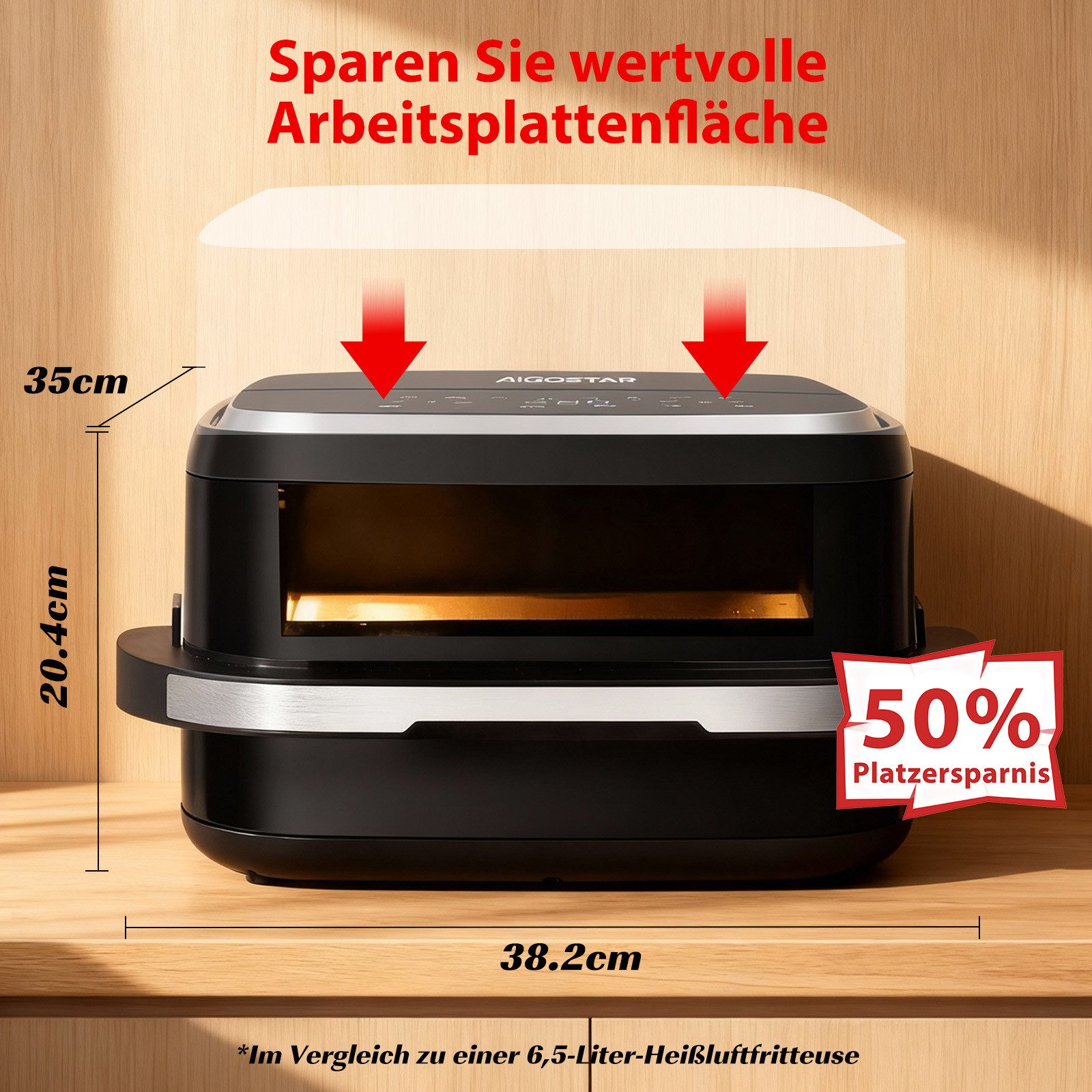 Aigostar Heißluftfritteuse XL 745 cm² Garfläche, Pizzafunktion, Doppelheizung, Sichtfenster, 11 Programmen, 2200 W, leiser, Extra-Crisp Technologie, Touchscreen, Metall-Innenraum