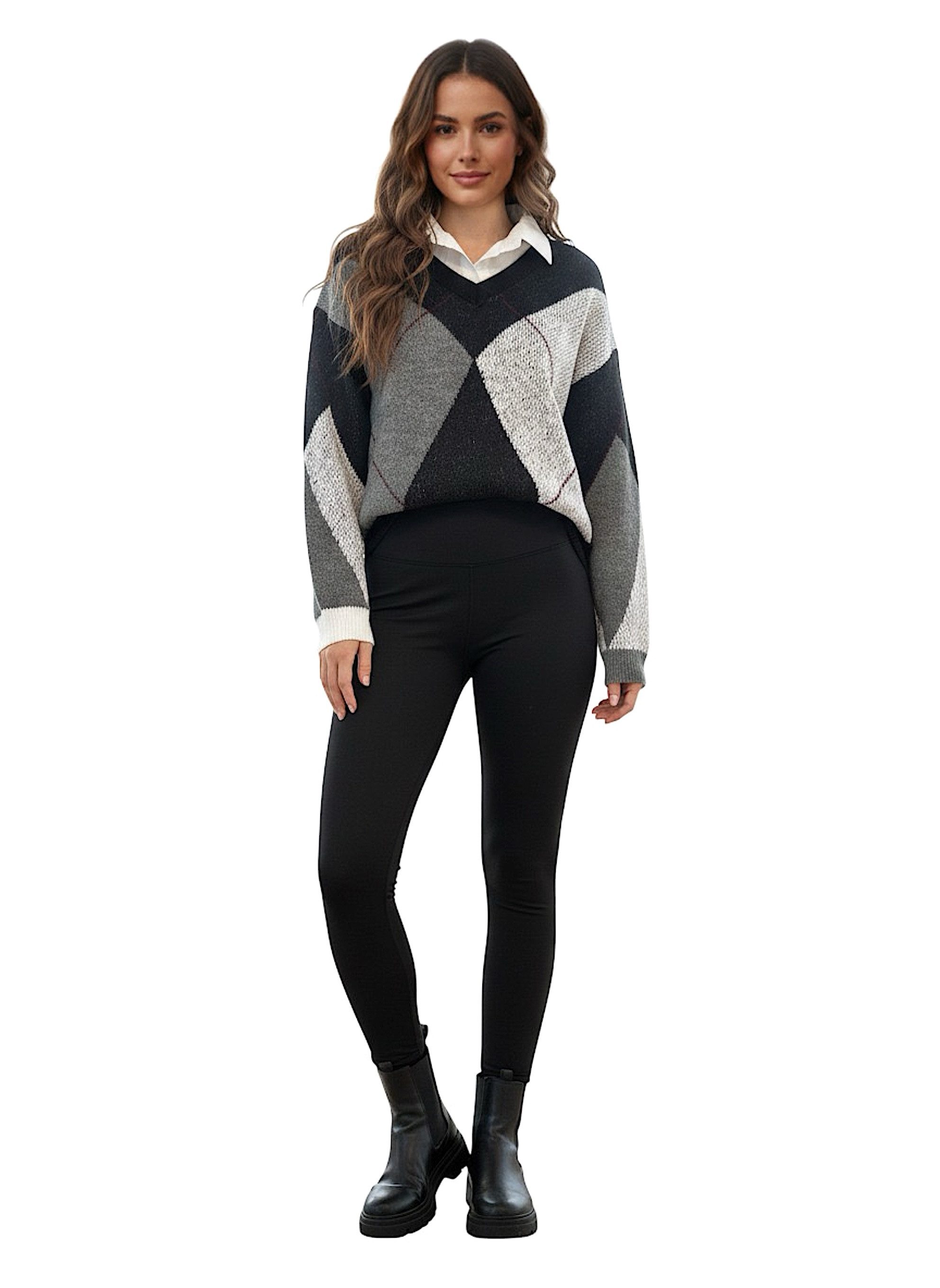 Worldclassca Strickpullover WORLDCLASSCA Strickpullover Kariert Karo mit Bluse Kragen V-Ausschnitt Neue Kollektion - Stilvolle und gemütliche Strickmode für Damen