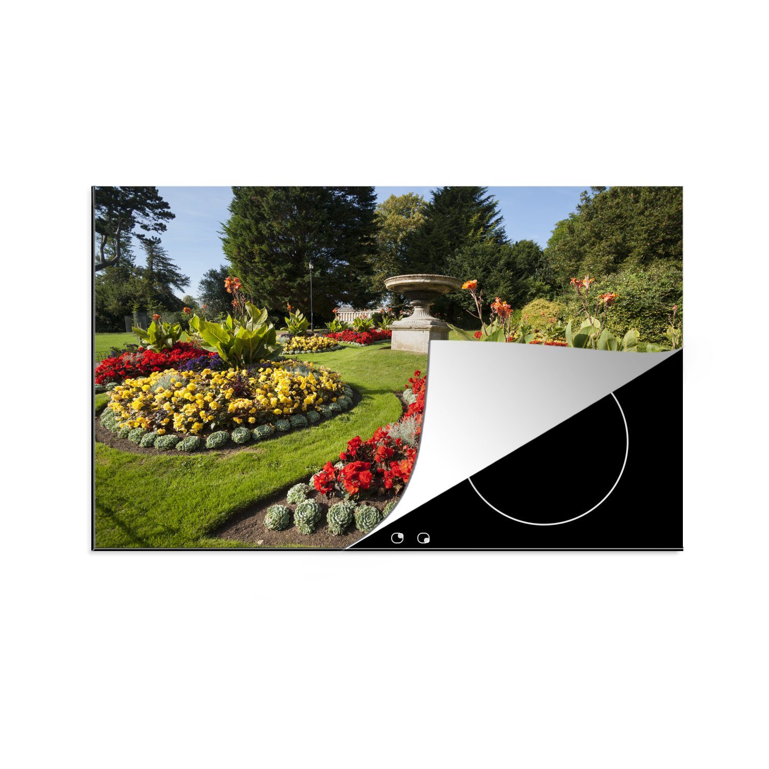MuchoWow Herdblende-/Abdeckplatte Gärten voller Canna-Blüten, Vinyl, (1 tlg), 81x52 cm, Induktionskochfeld Schutz für die küche, Ceranfeldabdeckung