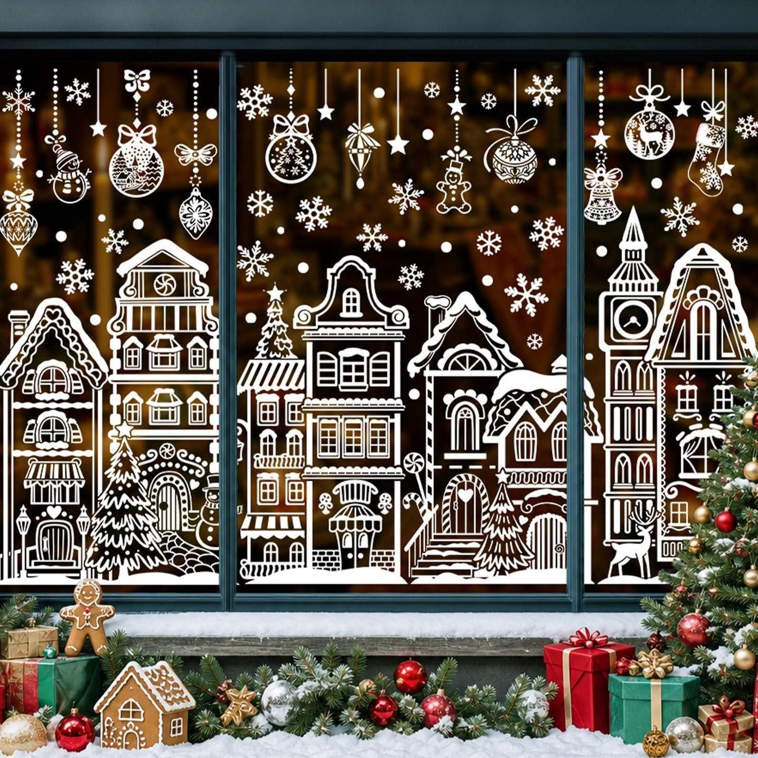 LuxusKollektion Fenstersticker Fensterbilder Weihnachten Häuser Schneeflocke Weiß