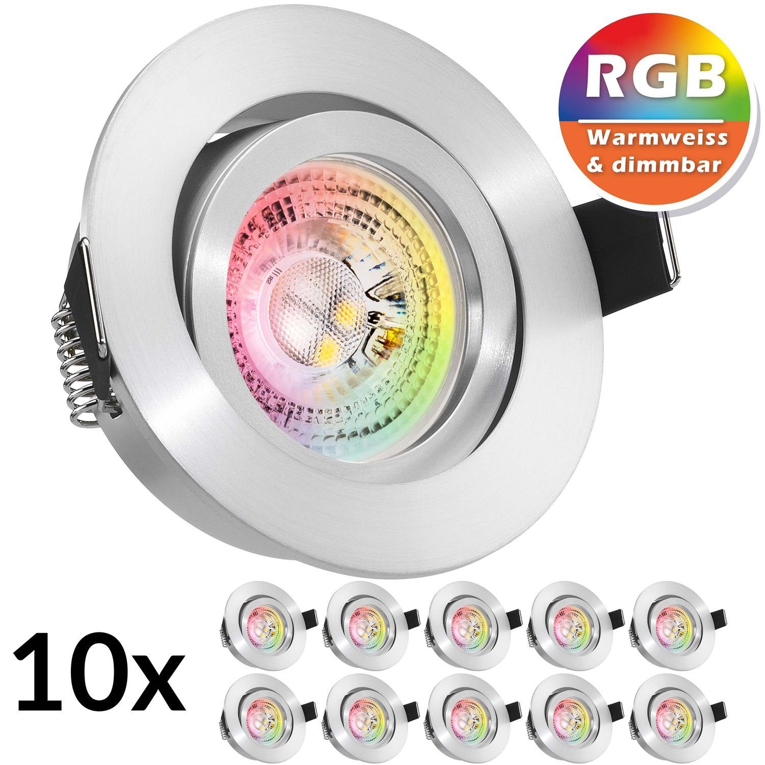 LEDANDO LED Einbaustrahler 10er RGB LED Einbaustrahler Set GU10 in aluminium matt mit 3W LED von