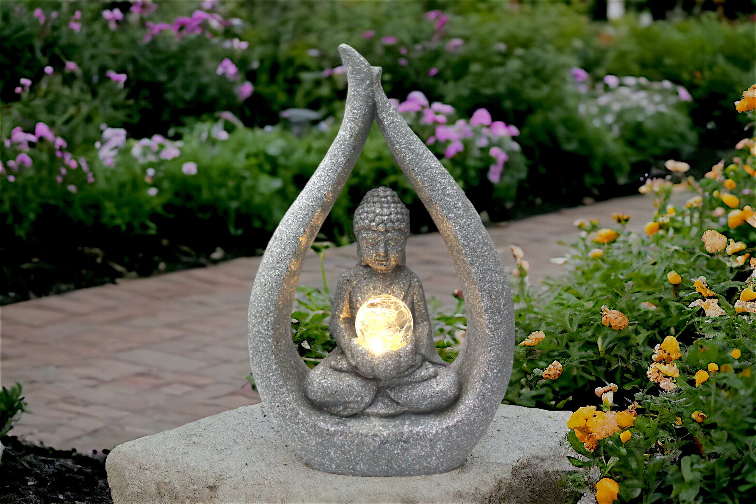 Arnusa Gartenfigur Solarleuchte Buddha Granit-Optik 46 cm Gartenfigur Statue beleuchtet, (mit Glaskugel), warmweiß Gartenskulptur – Bild 3 von 5